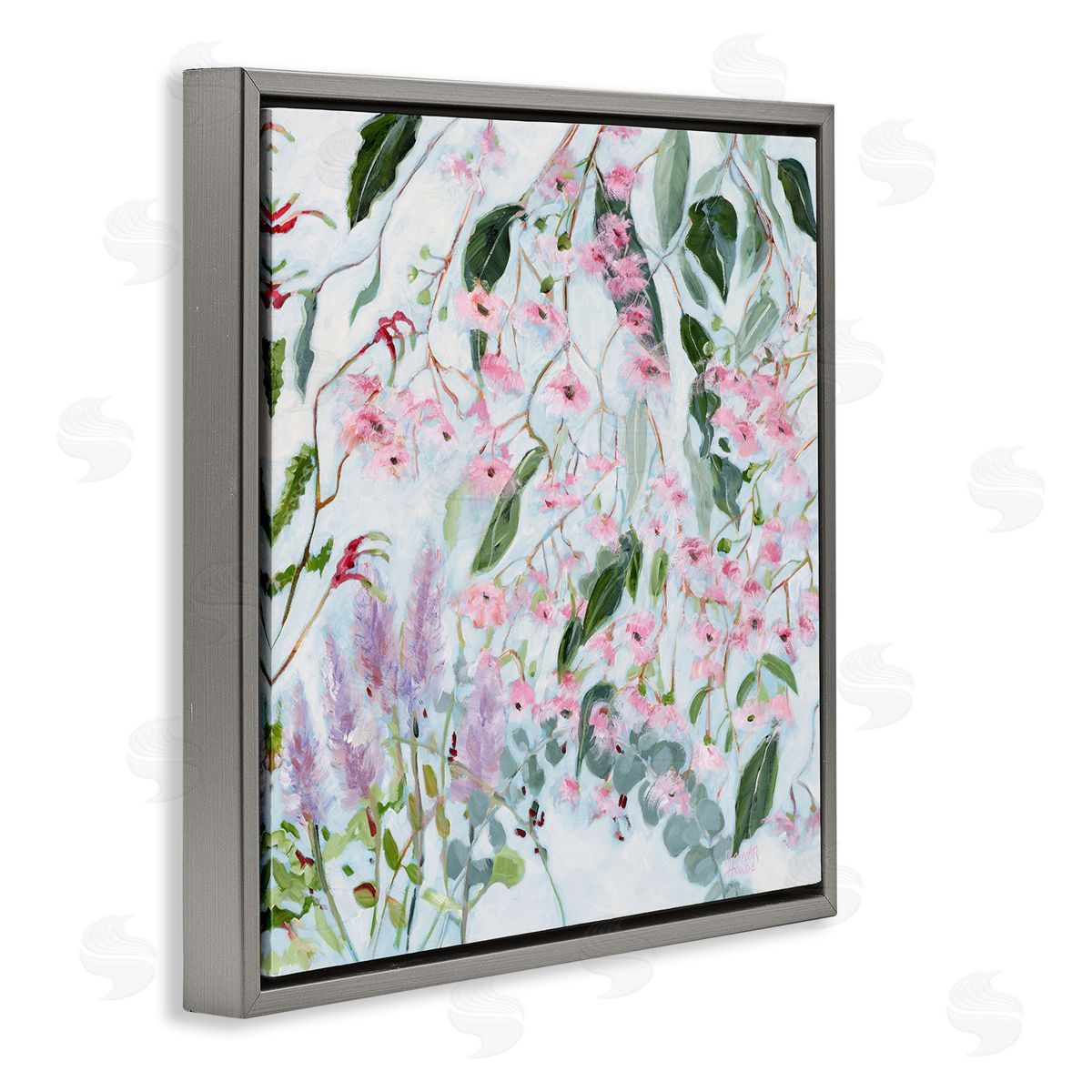 Chic Pink Garden Blossoms Grey Floating Frame Canvas Wall Art, Home Decor by Meredith Howse