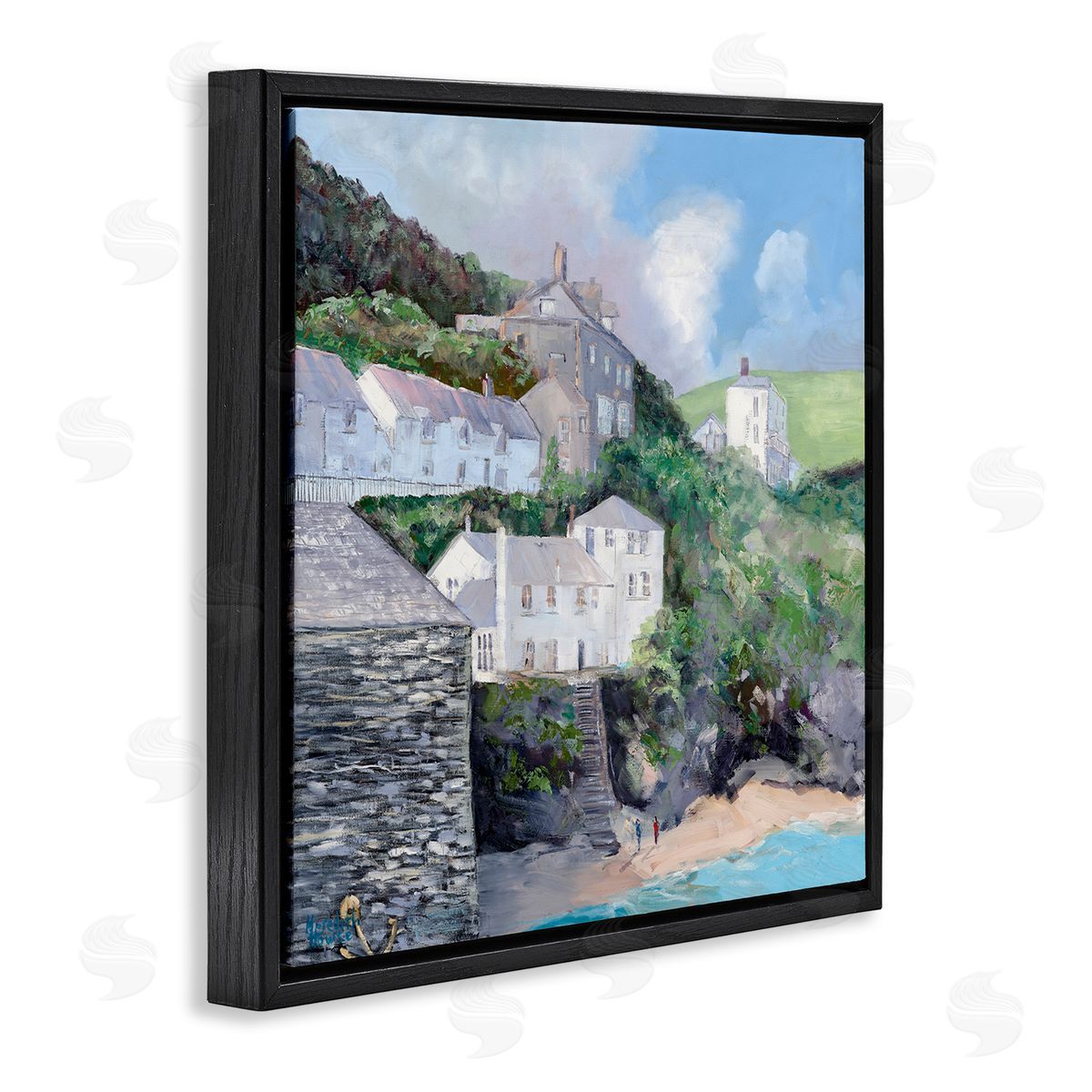 Coastal Village Beach Black Floating Frame Canvas Wall Art, Home Decor by Meredith Howse