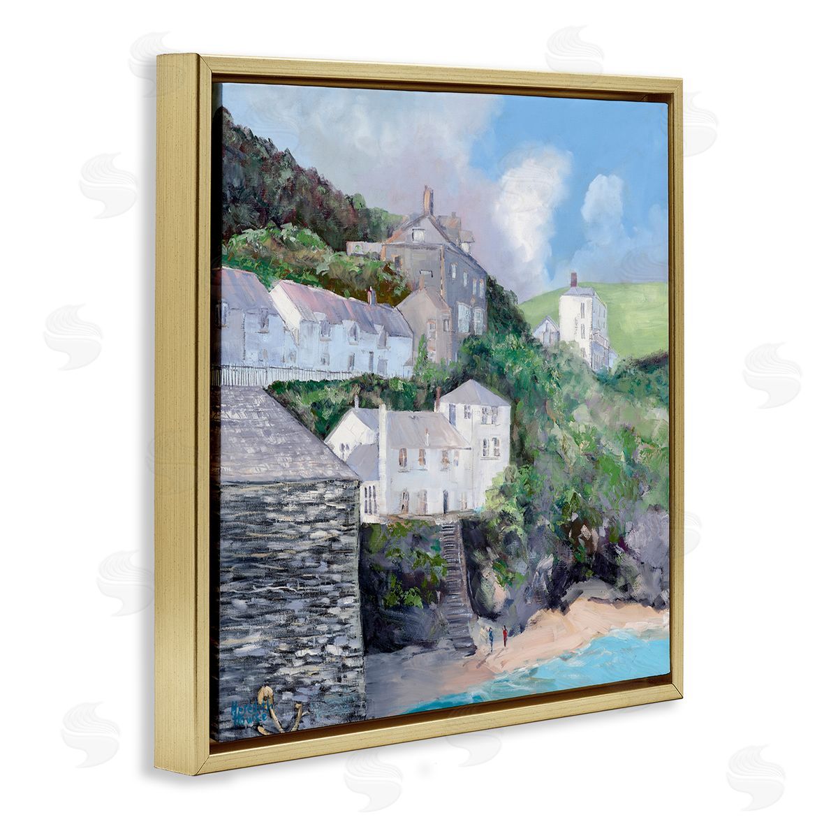 Coastal Village Beach Gold Floating Frame Canvas Wall Art, Home Decor by Meredith Howse
