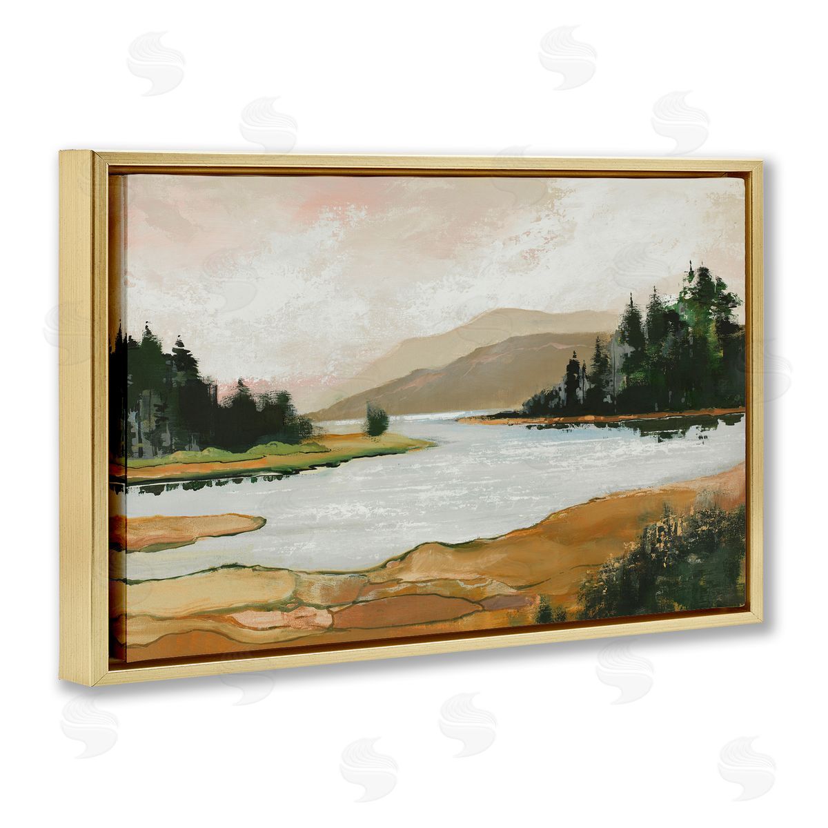 Relaxing Valley Lake Gold Floating Frame Canvas Wall Art, Home Decor by Max Maxx