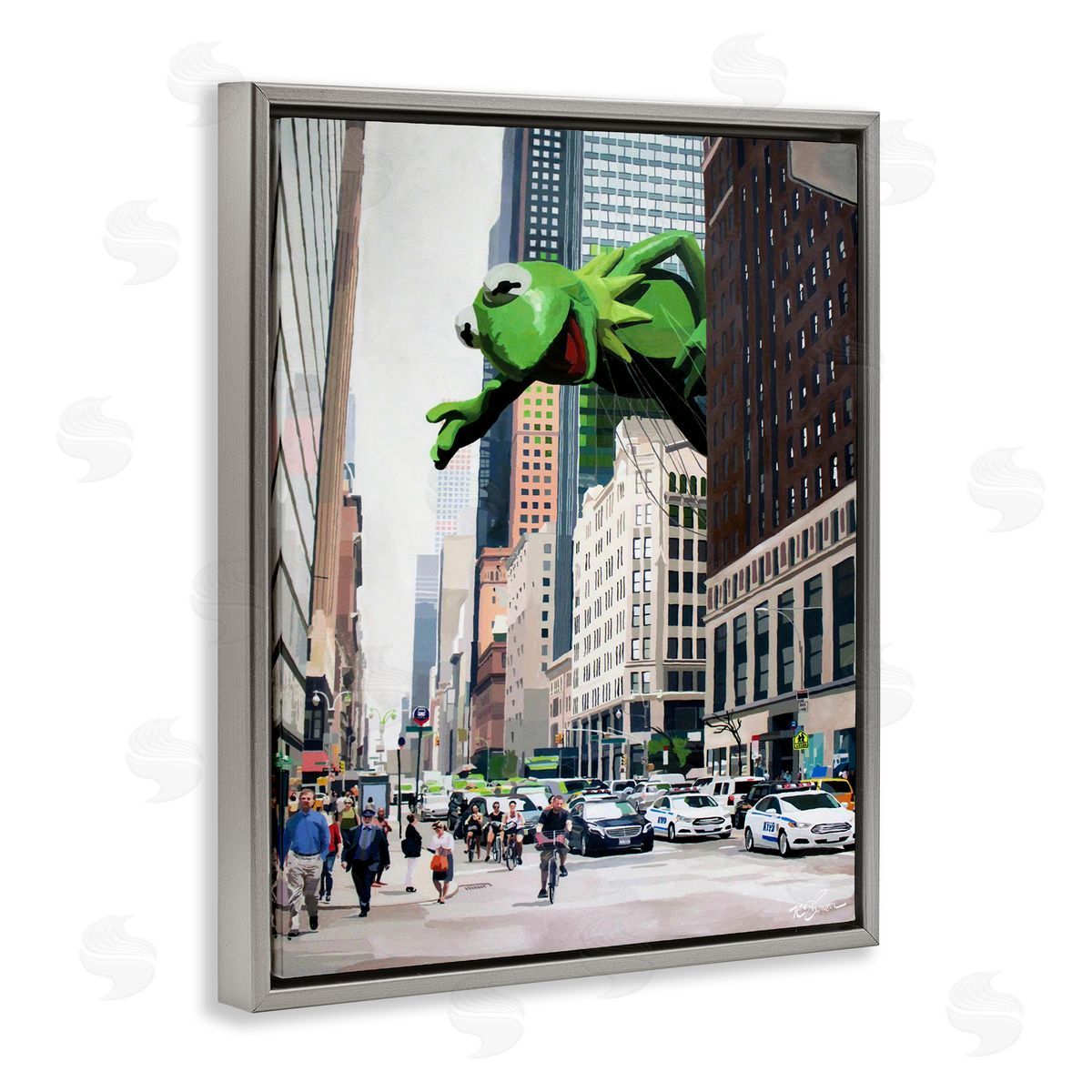 Frog Character over City Grey Floating Frame Canvas Wall Art, Home Decor by Keith Thomson