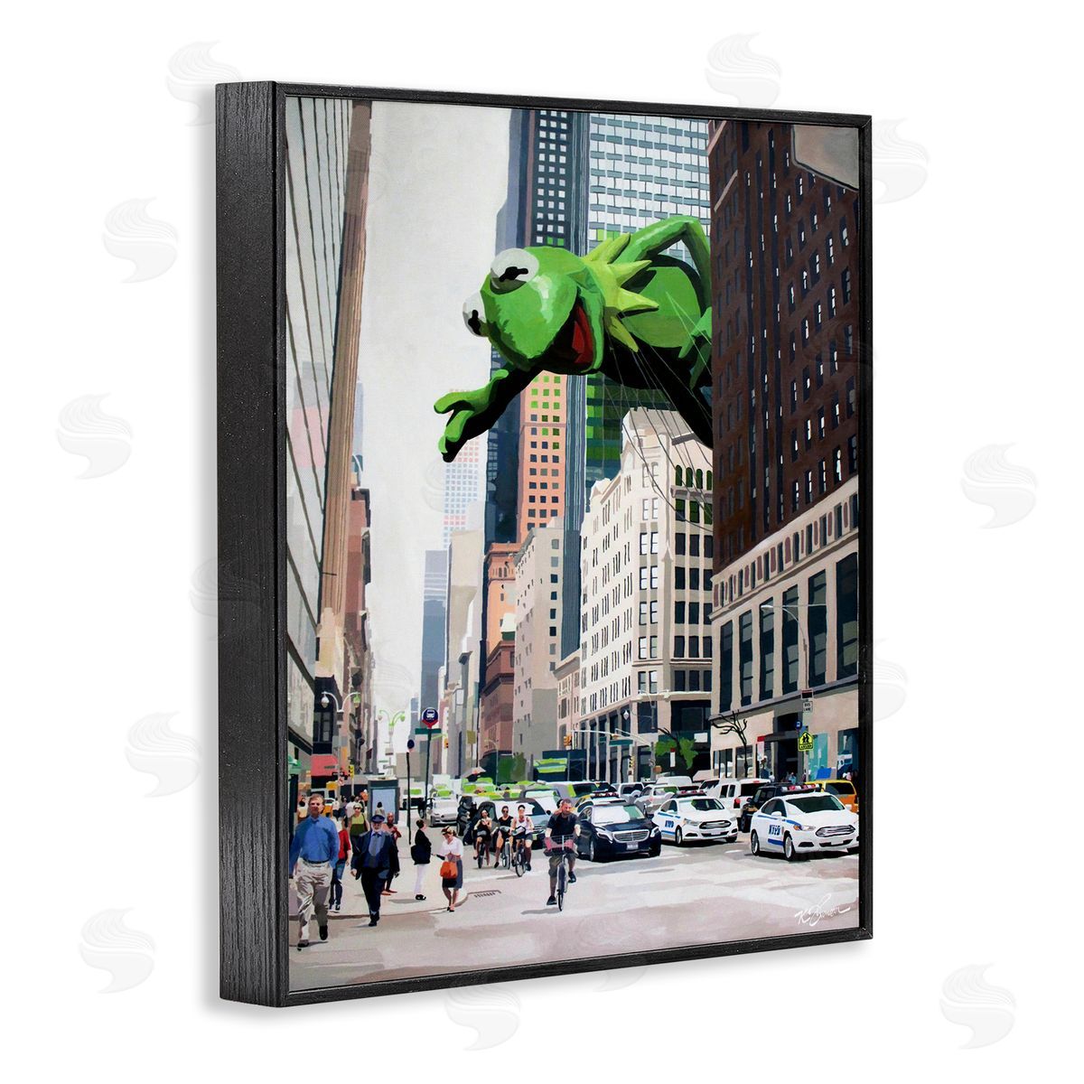 Frog Character over City Black Frame Print Wall Art, Home Decor by Keith Thomson