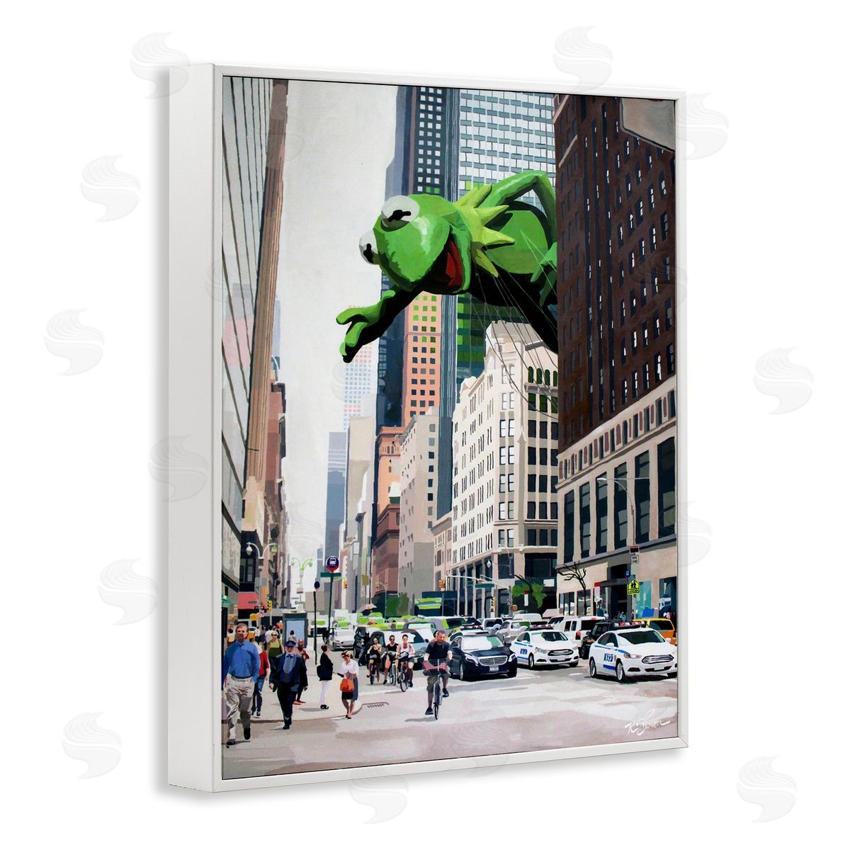 Frog Character over City White Frame Print Wall Art, Home Decor by Keith Thomson