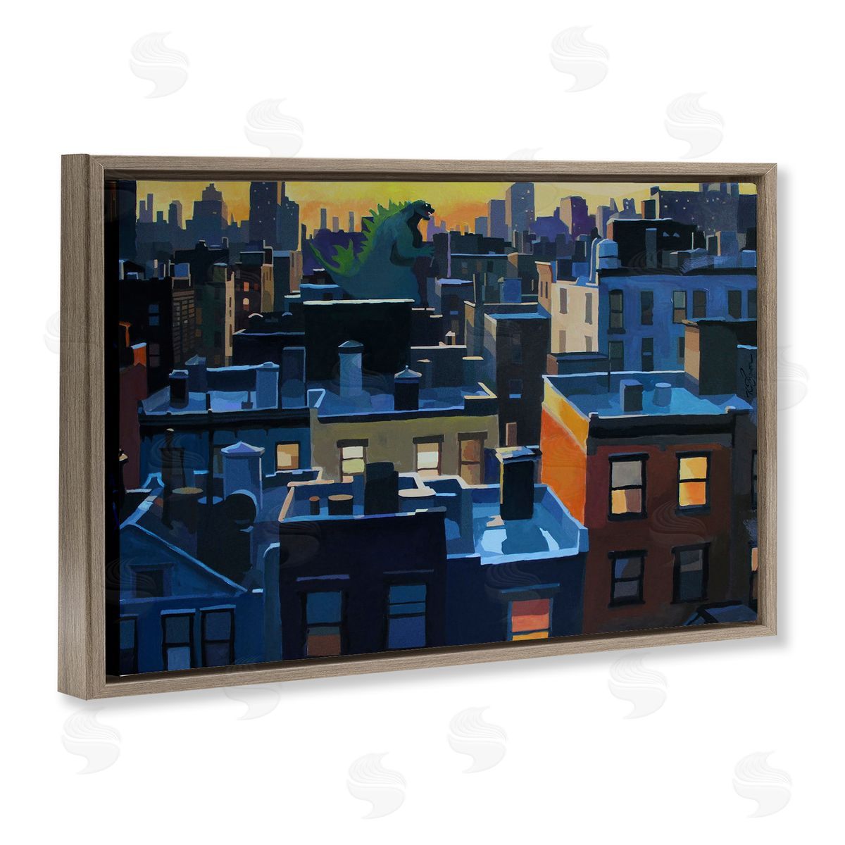 Cityscape with Distant Monster Brown Floating Frame Canvas Wall Art, Home Decor by Keith Thomson