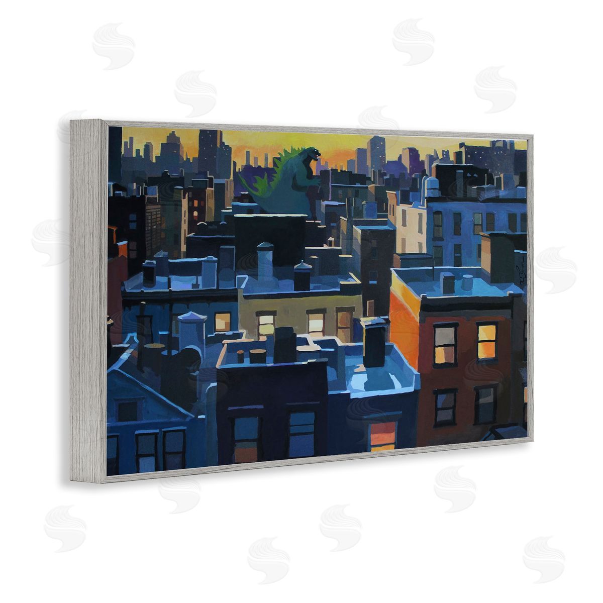 Cityscape with Distant Monster Grey Frame Print Wall Art, Home Decor by Keith Thomson