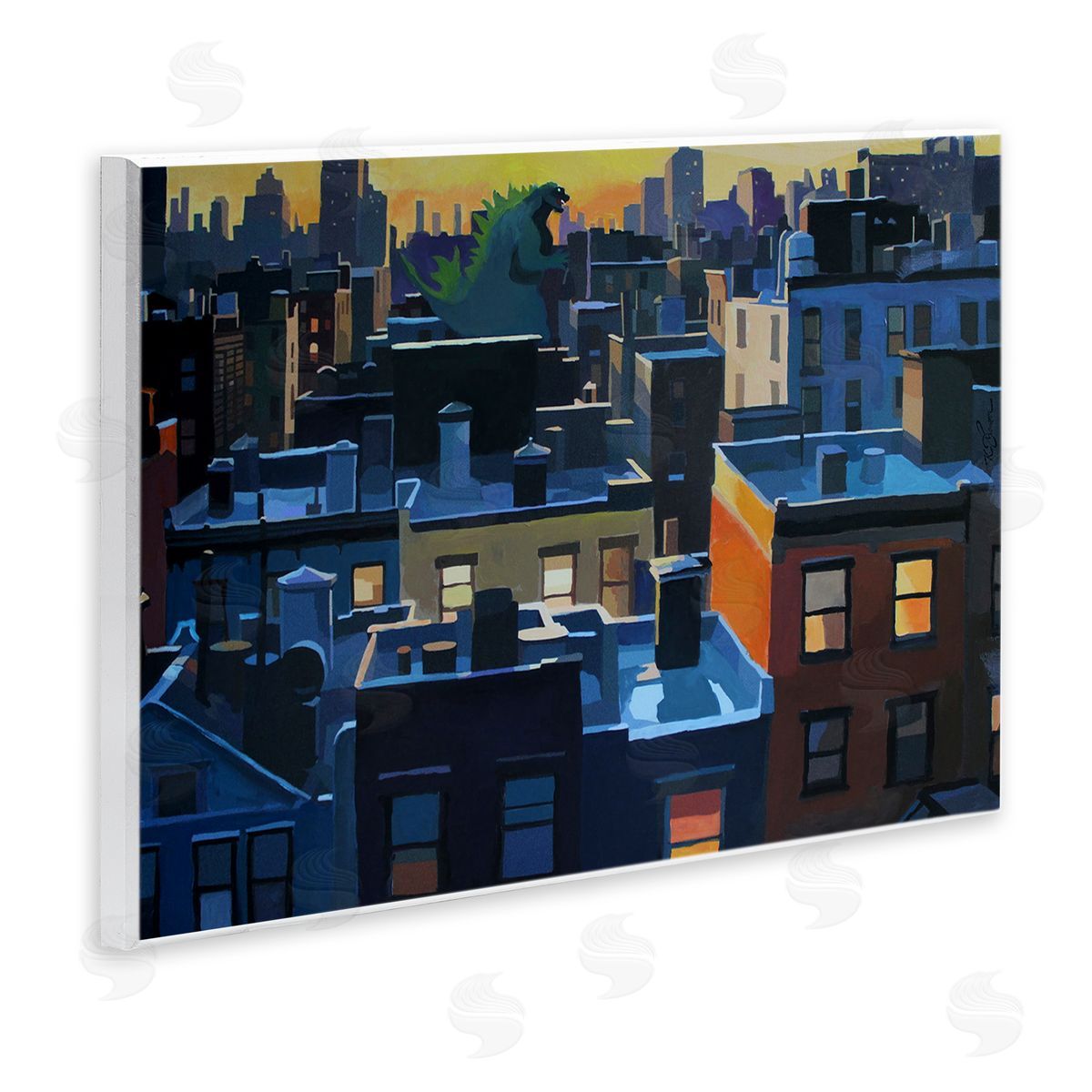 Cityscape with Distant Monster Wood Plaque Wall Art, Home Decor by Keith Thomson