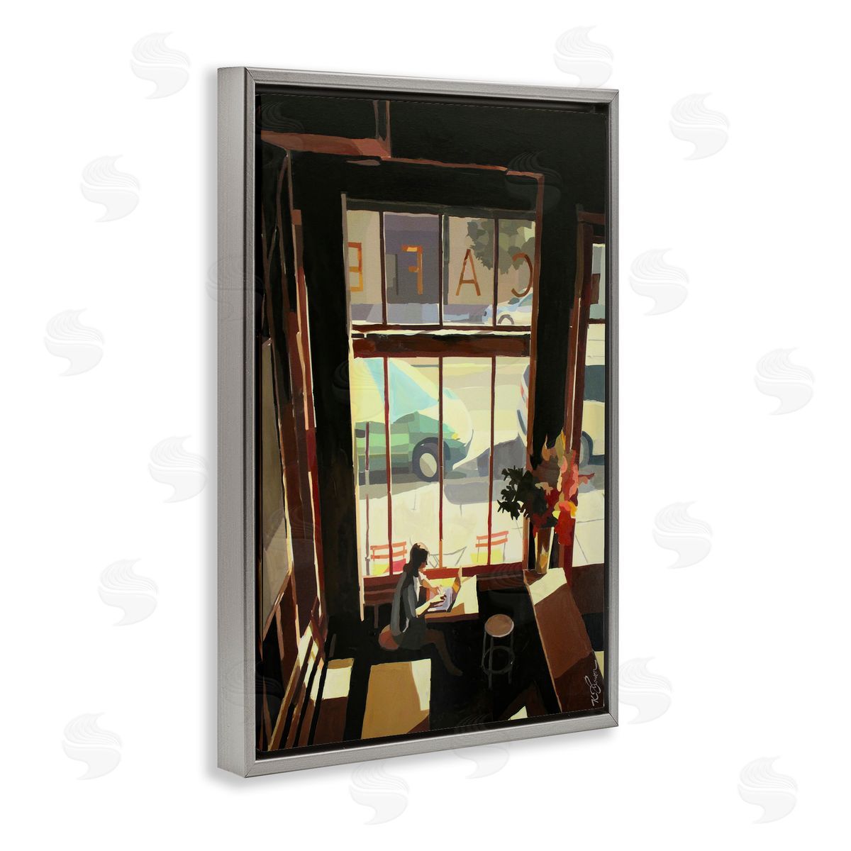 Tranquil Cafe Environment Grey Floating Frame Canvas Wall Art, Home Decor by Keith Thomson