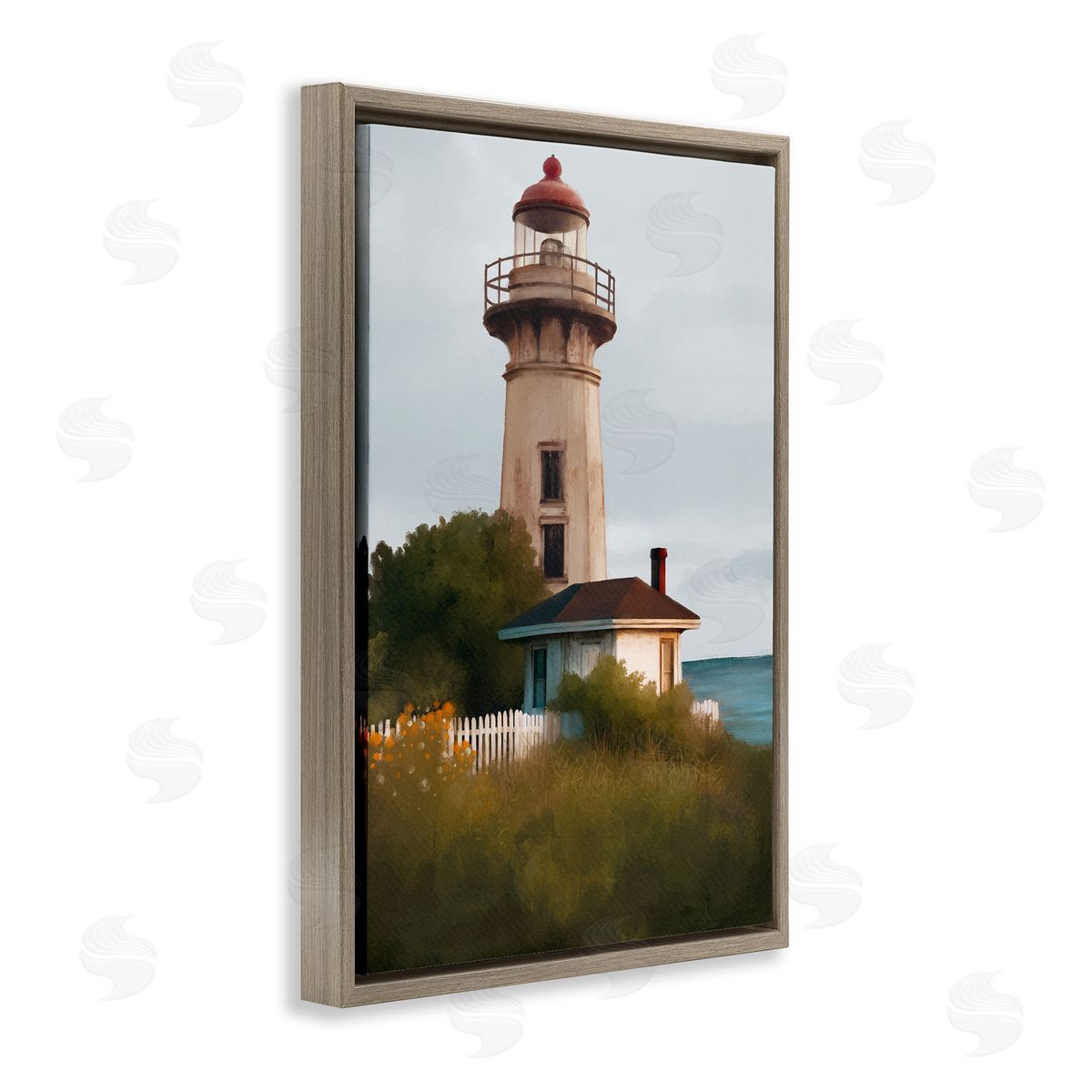 Scenic Summer Lighthouse View Brown Floating Frame Canvas Wall Art, Home Decor by Elizabeth Medley