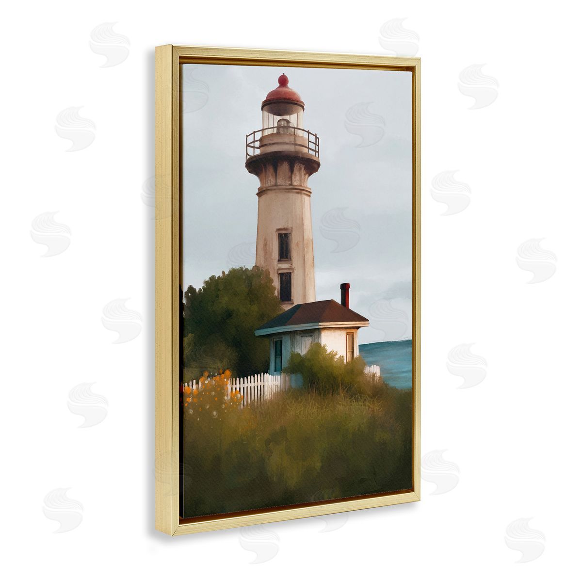 Scenic Summer Lighthouse View Gold Floating Frame Canvas Wall Art, Home Decor by Elizabeth Medley