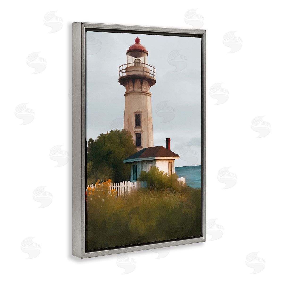 Scenic Summer Lighthouse View Grey Floating Frame Canvas Wall Art, Home Decor by Elizabeth Medley