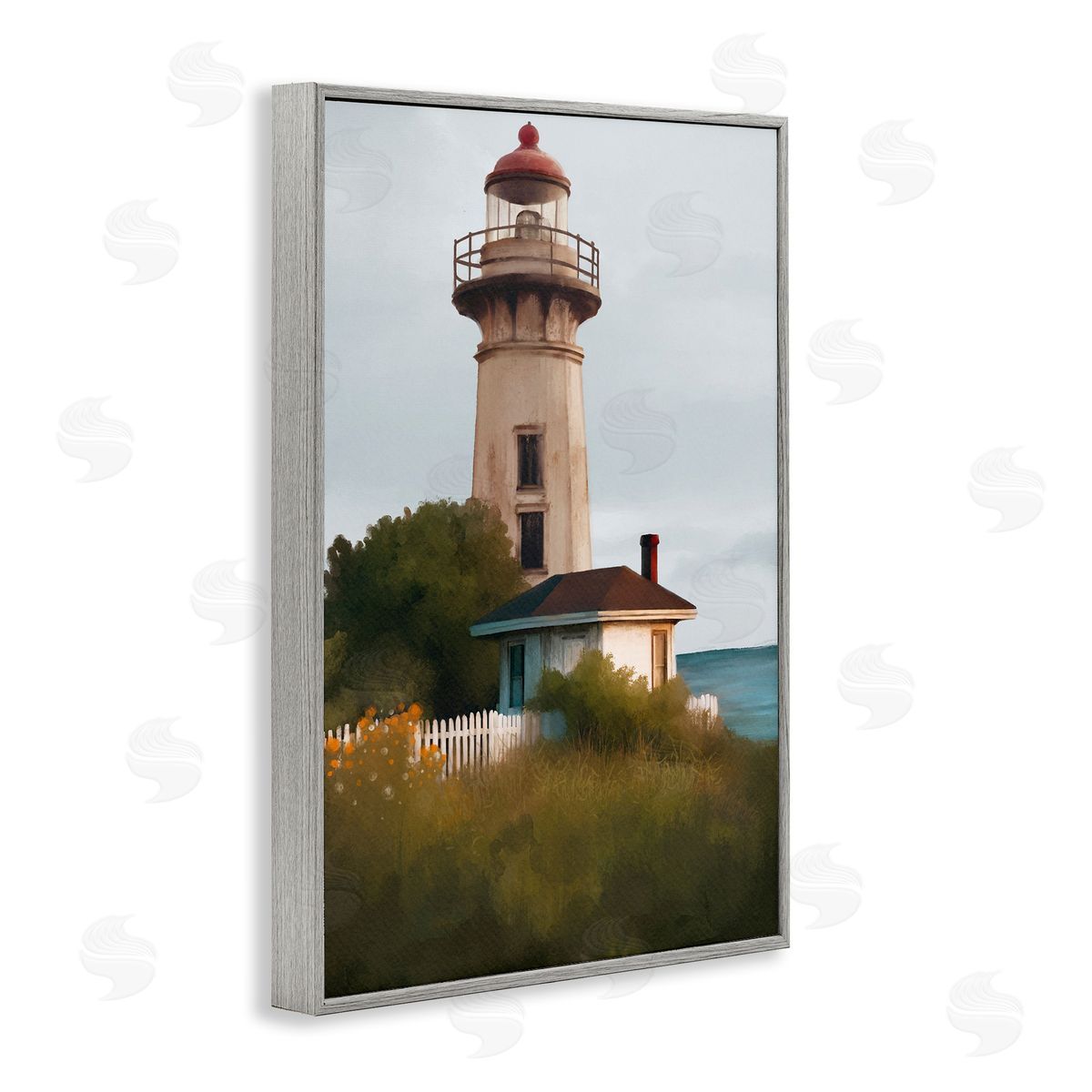 Scenic Summer Lighthouse View Grey Frame Print Wall Art, Home Decor by Elizabeth Medley