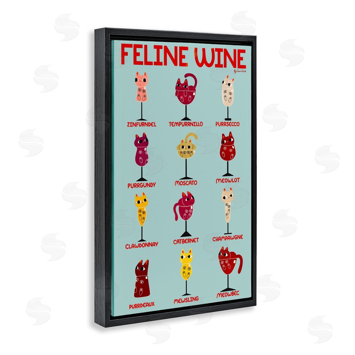 Clever Feline Wine Drinks Black Floating Frame Canvas Wall Art, Home Decor by Carrie Cantwell