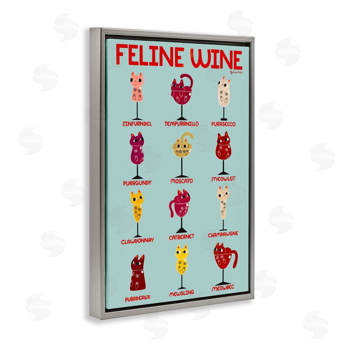 Clever Feline Wine Drinks Grey Floating Frame Canvas Wall Art, Home Decor by Carrie Cantwell