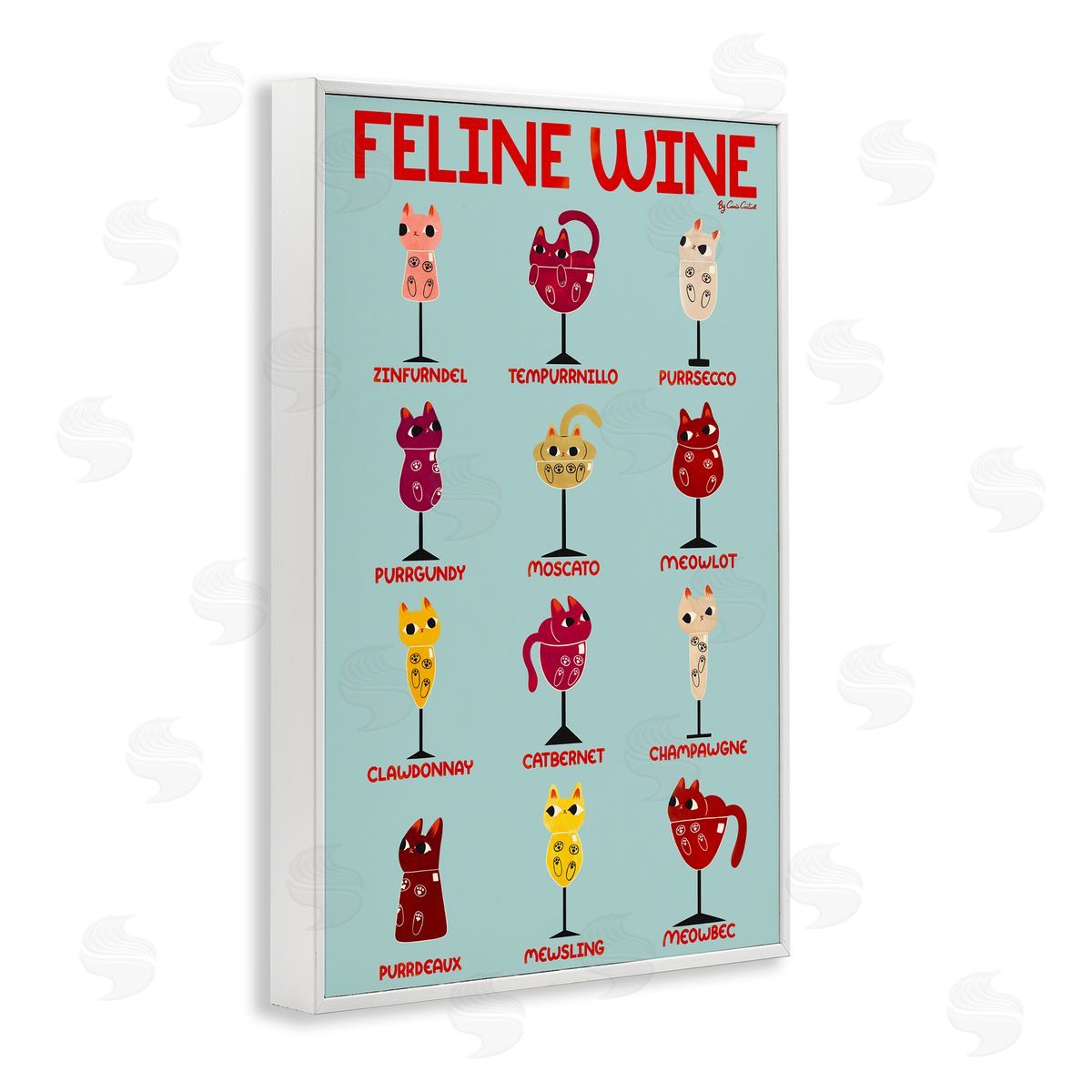 Clever Feline Wine Drinks White Frame Print Wall Art, Home Decor by Carrie Cantwell