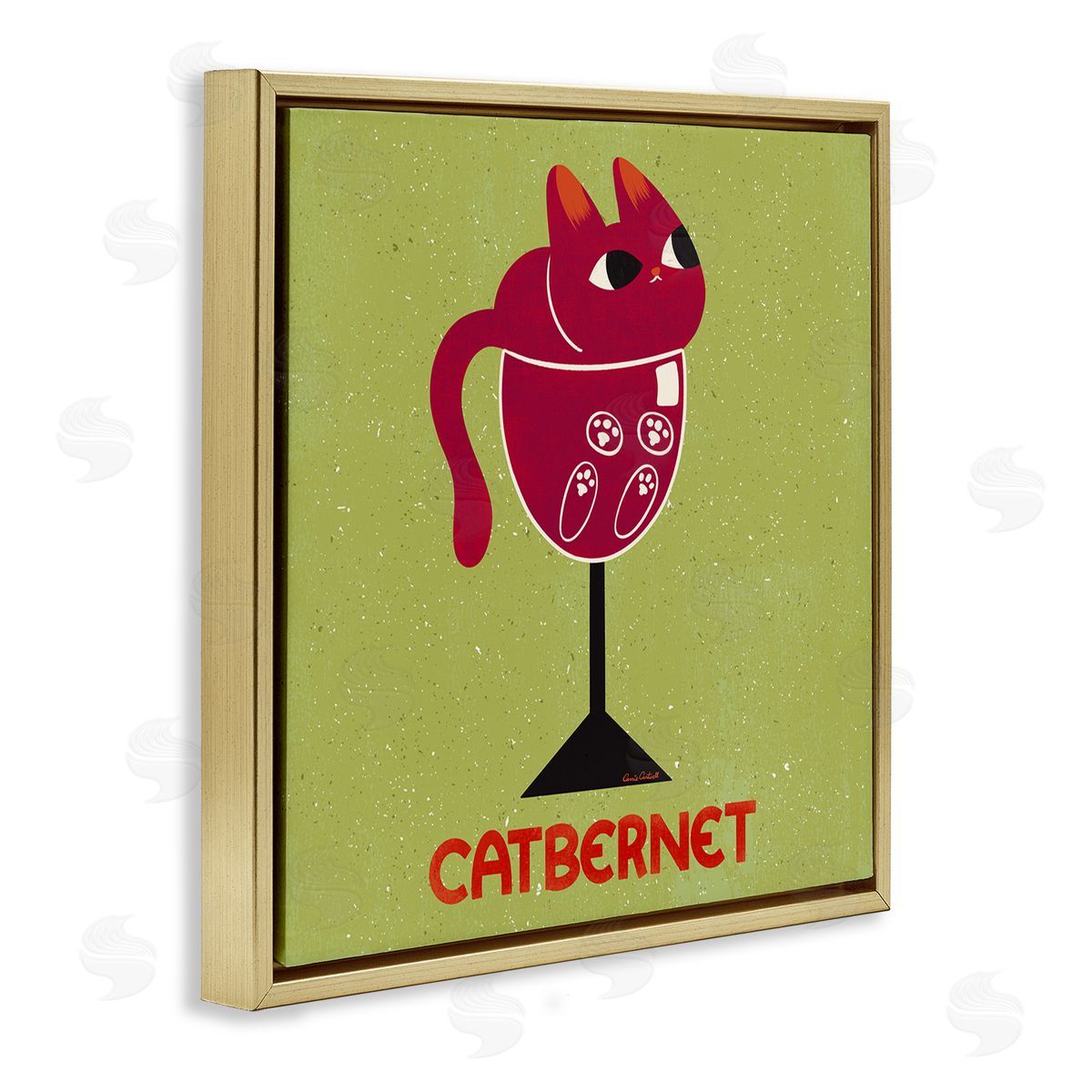 Catbernet Cat Wine Gold Floating Frame Canvas Wall Art, Home Decor by Carrie Cantwell