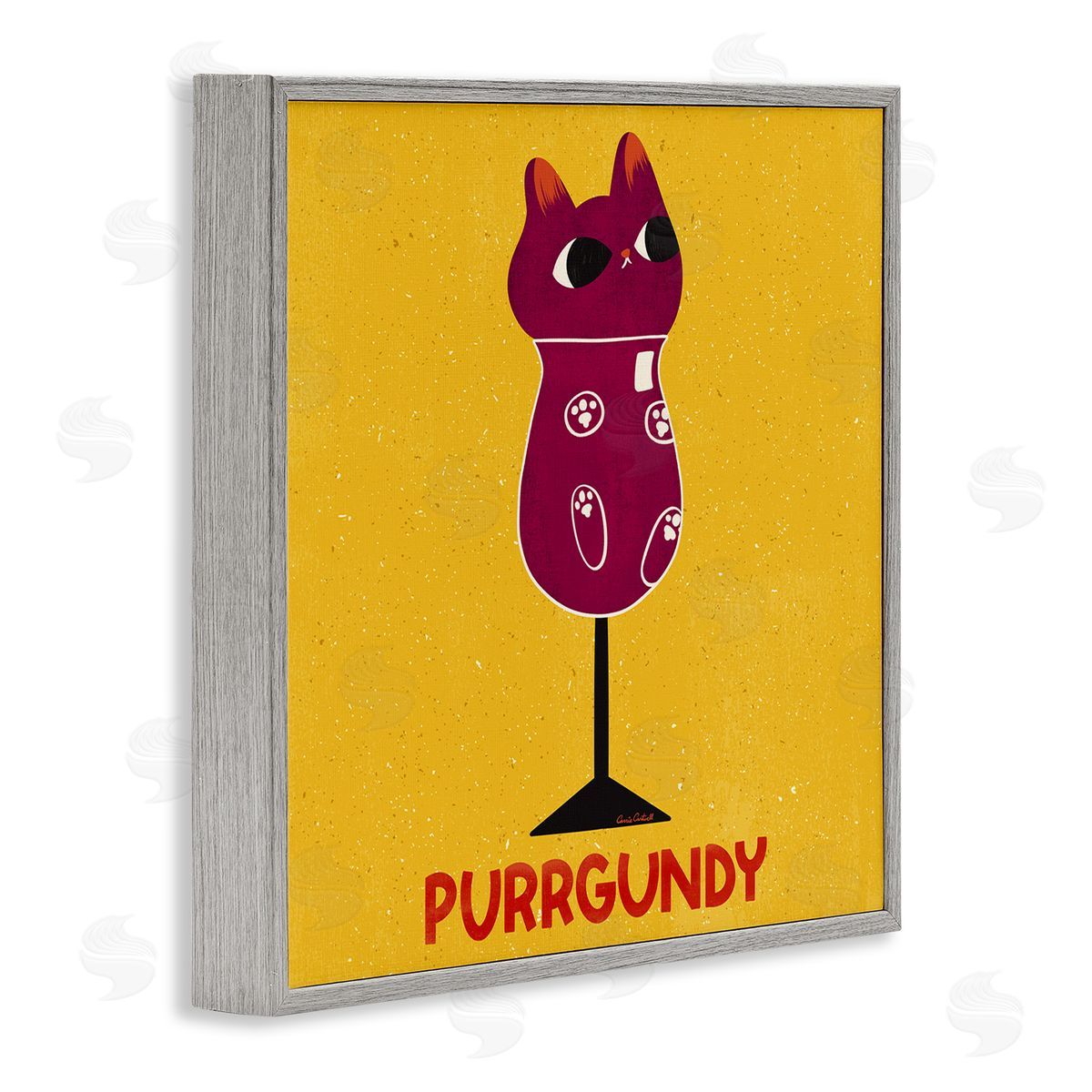 Purrgundy Cat Wine Grey Frame Print Wall Art, Home Decor by Carrie Cantwell