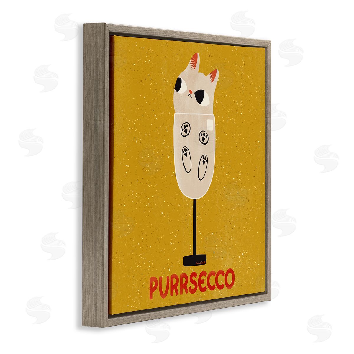 Purrsecco Cat Wine Brown Floating Frame Canvas Wall Art, Home Decor by Carrie Cantwell