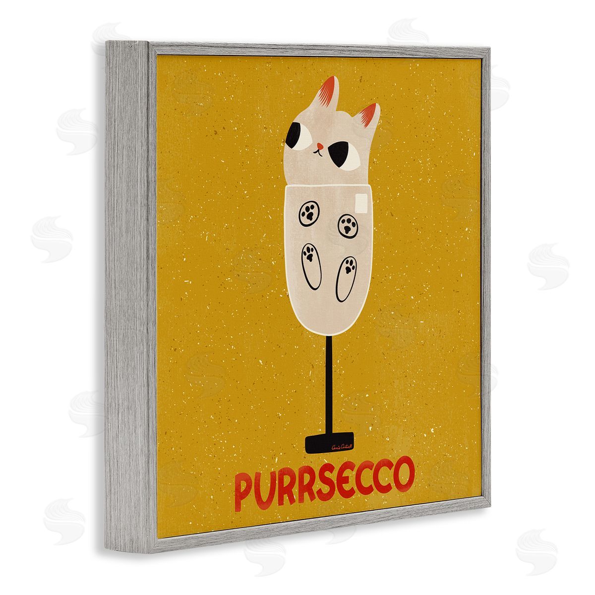 Purrsecco Cat Wine Grey Frame Print Wall Art, Home Decor by Carrie Cantwell