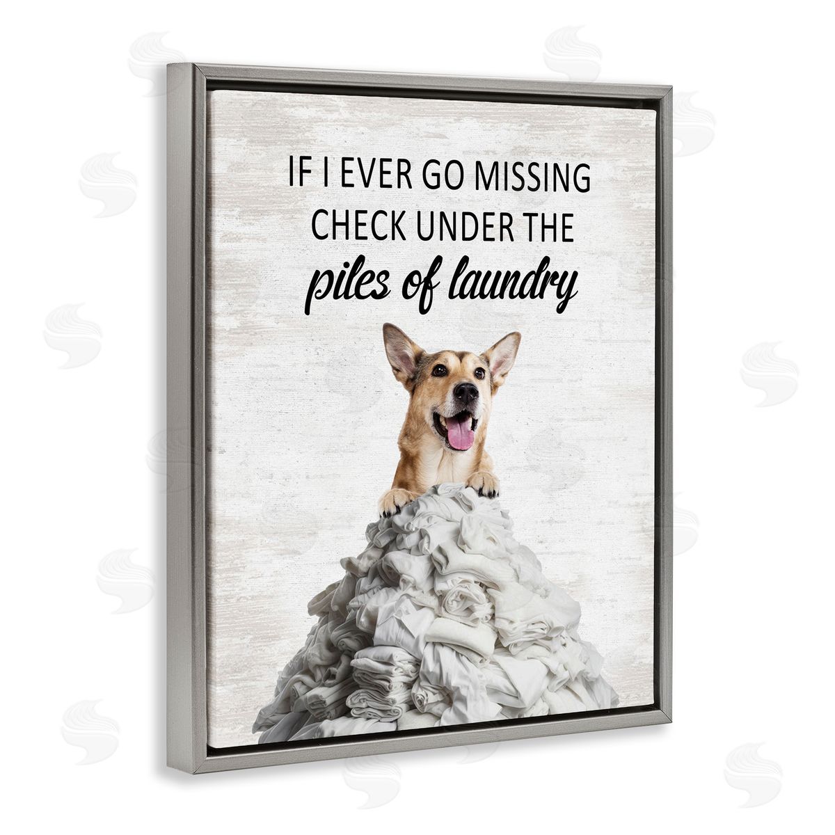 Piles Of Laundry Dog Grey Floating Frame Canvas Wall Art, Home Decor by Lettered and Lined