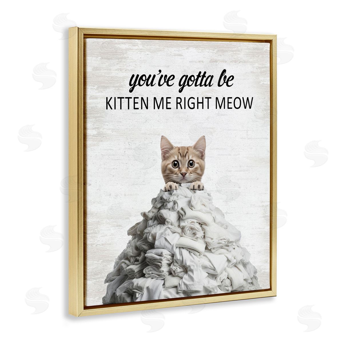 Kitten & Laundry Pile Gold Floating Frame Canvas Wall Art, Home Decor by Lettered and Lined