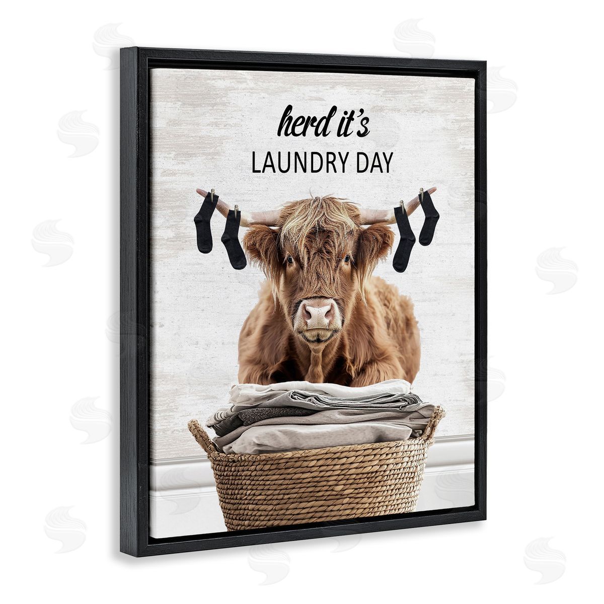 Laundry Cattle with Hanging Socks Black Floating Frame Canvas Wall Art, Home Decor by Lettered and Lined