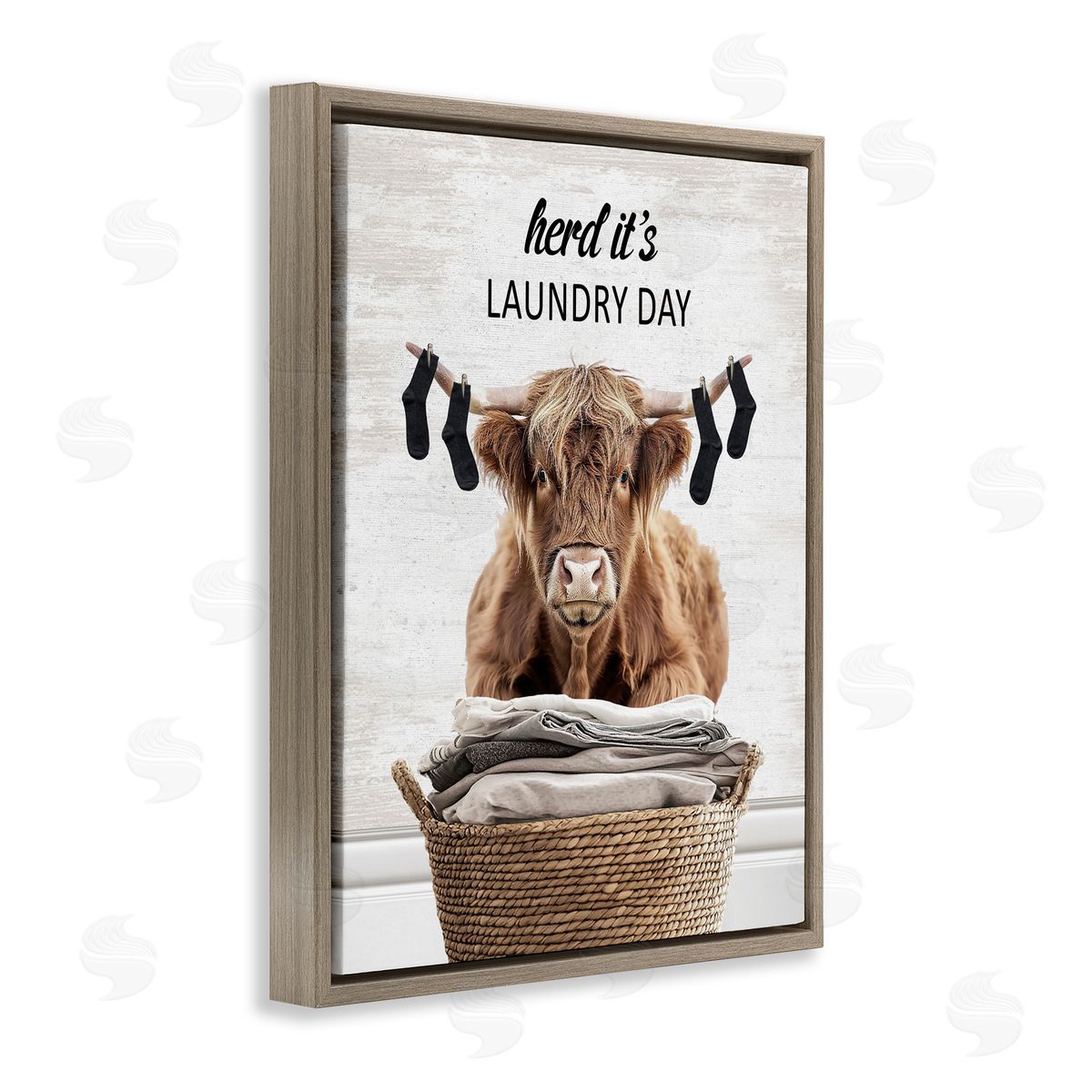 Laundry Cattle with Hanging Socks Brown Floating Frame Canvas Wall Art, Home Decor by Lettered and Lined