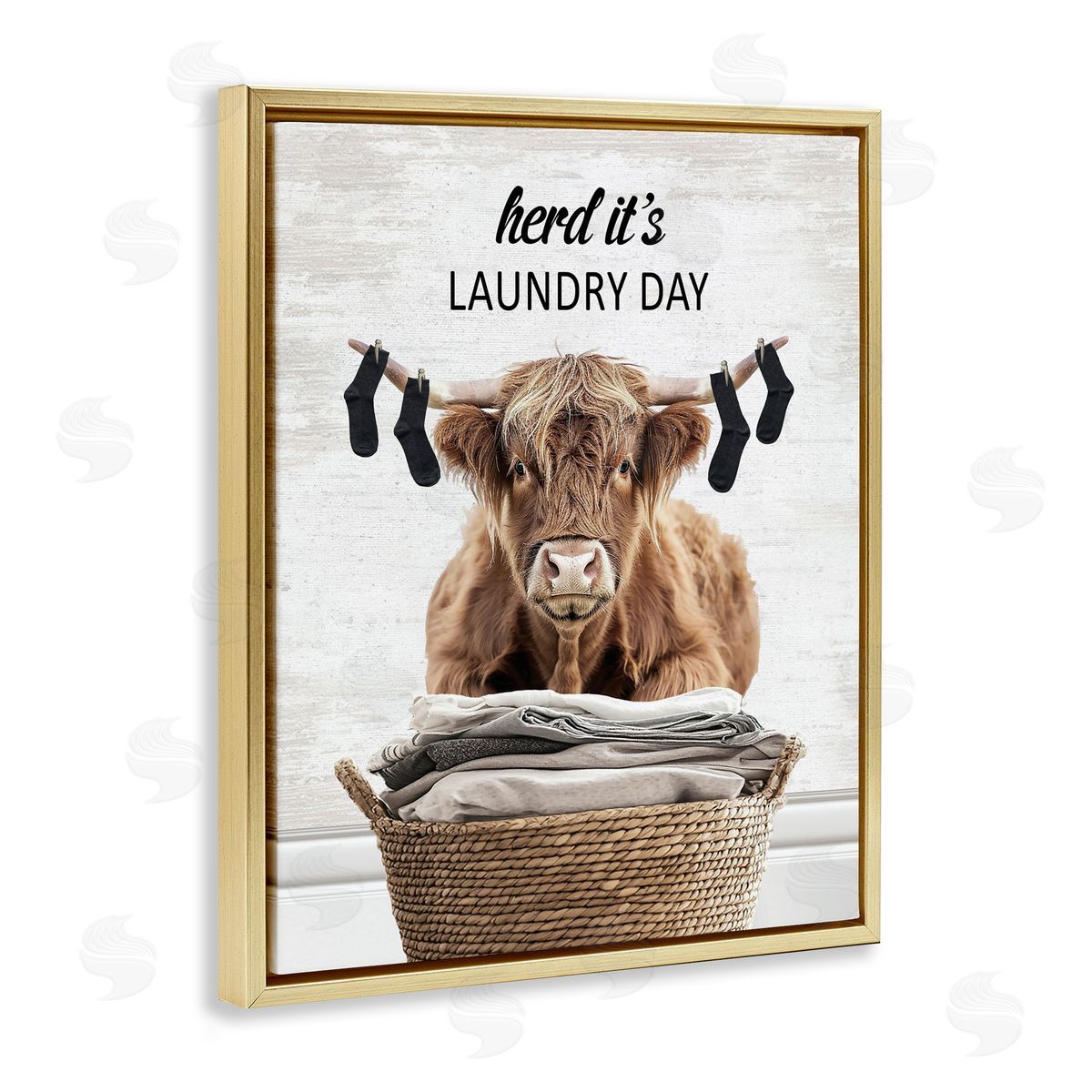 Laundry Cattle with Hanging Socks Gold Floating Frame Canvas Wall Art, Home Decor by Lettered and Lined