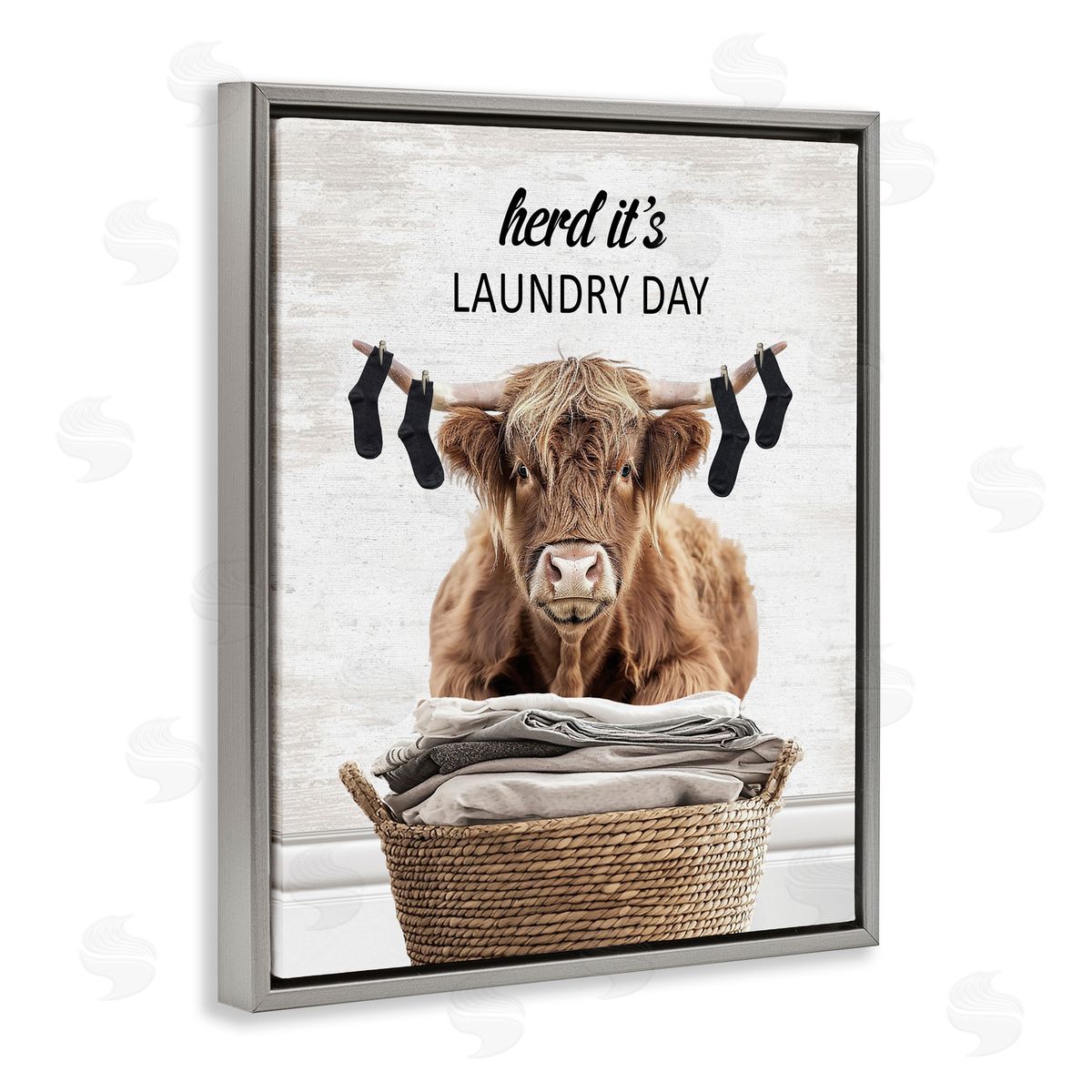 Laundry Cattle with Hanging Socks Grey Floating Frame Canvas Wall Art, Home Decor by Lettered and Lined