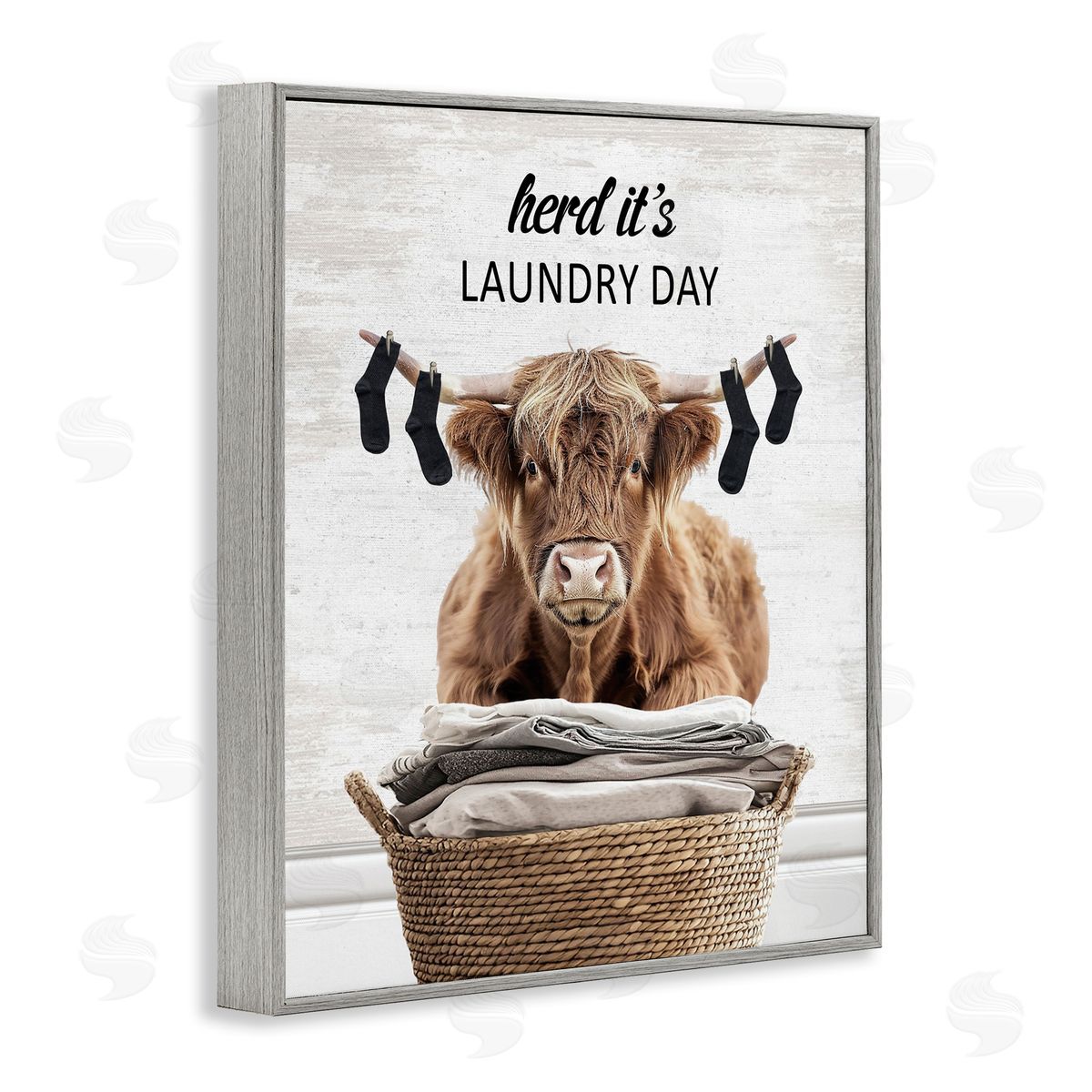 Laundry Cattle with Hanging Socks Grey Frame Print Wall Art, Home Decor by Lettered and Lined