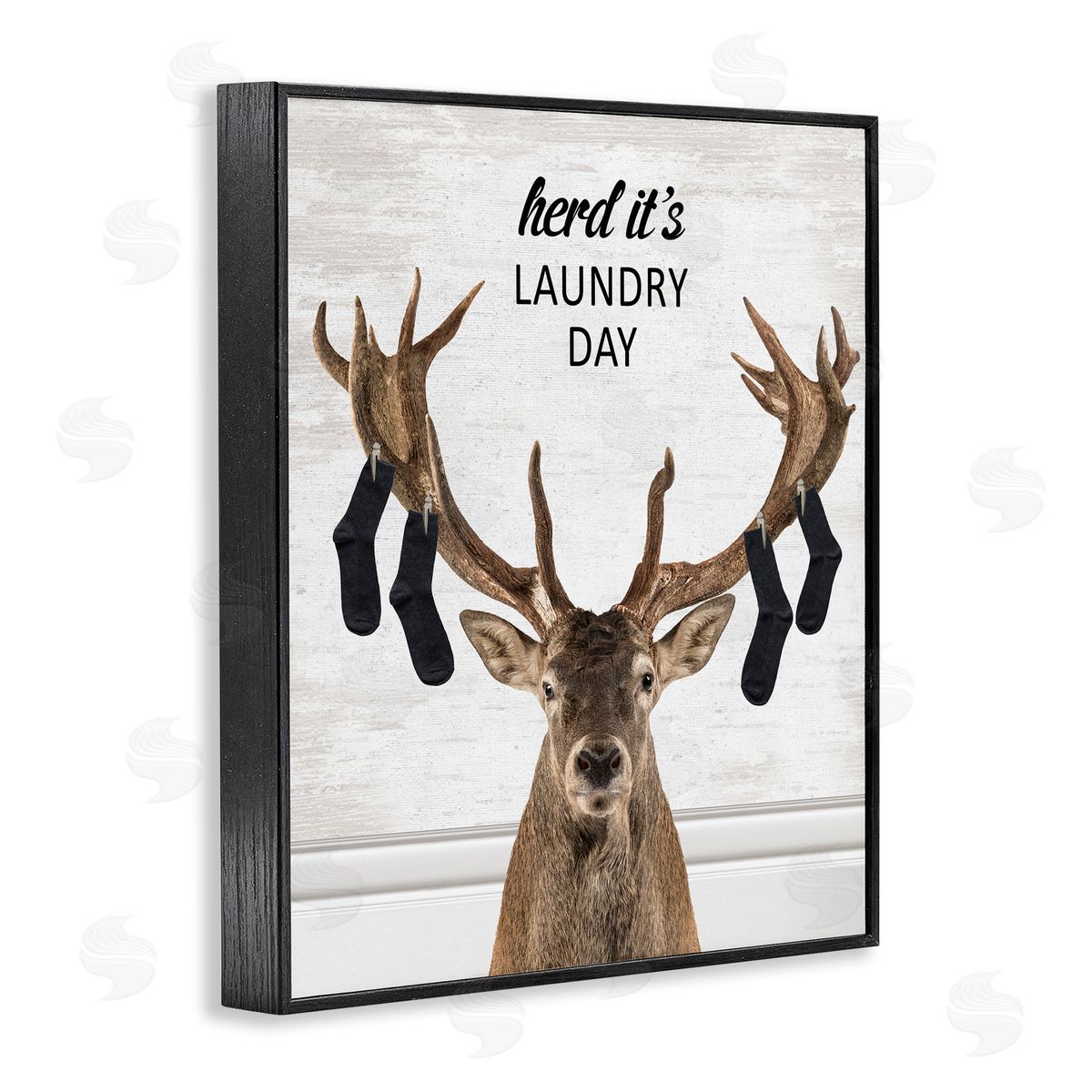 Laundry Elk with Hanging Socks Black Frame Print Wall Art, Home Decor by Lettered and Lined