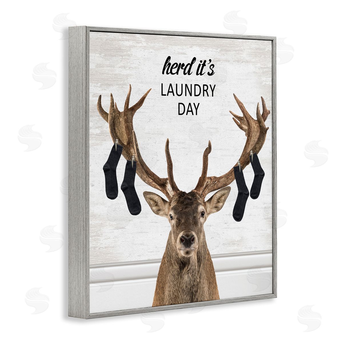 Laundry Elk with Hanging Socks Grey Frame Print Wall Art, Home Decor by Lettered and Lined