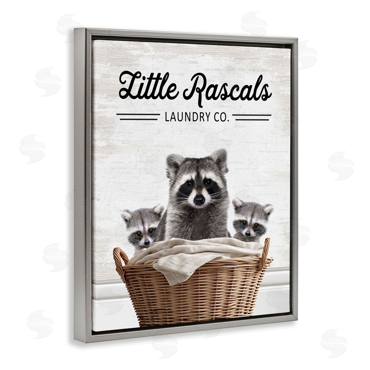 Little Rascals Laundry Raccoons Grey Floating Frame Canvas Wall Art, Home Decor by Lettered and Lined