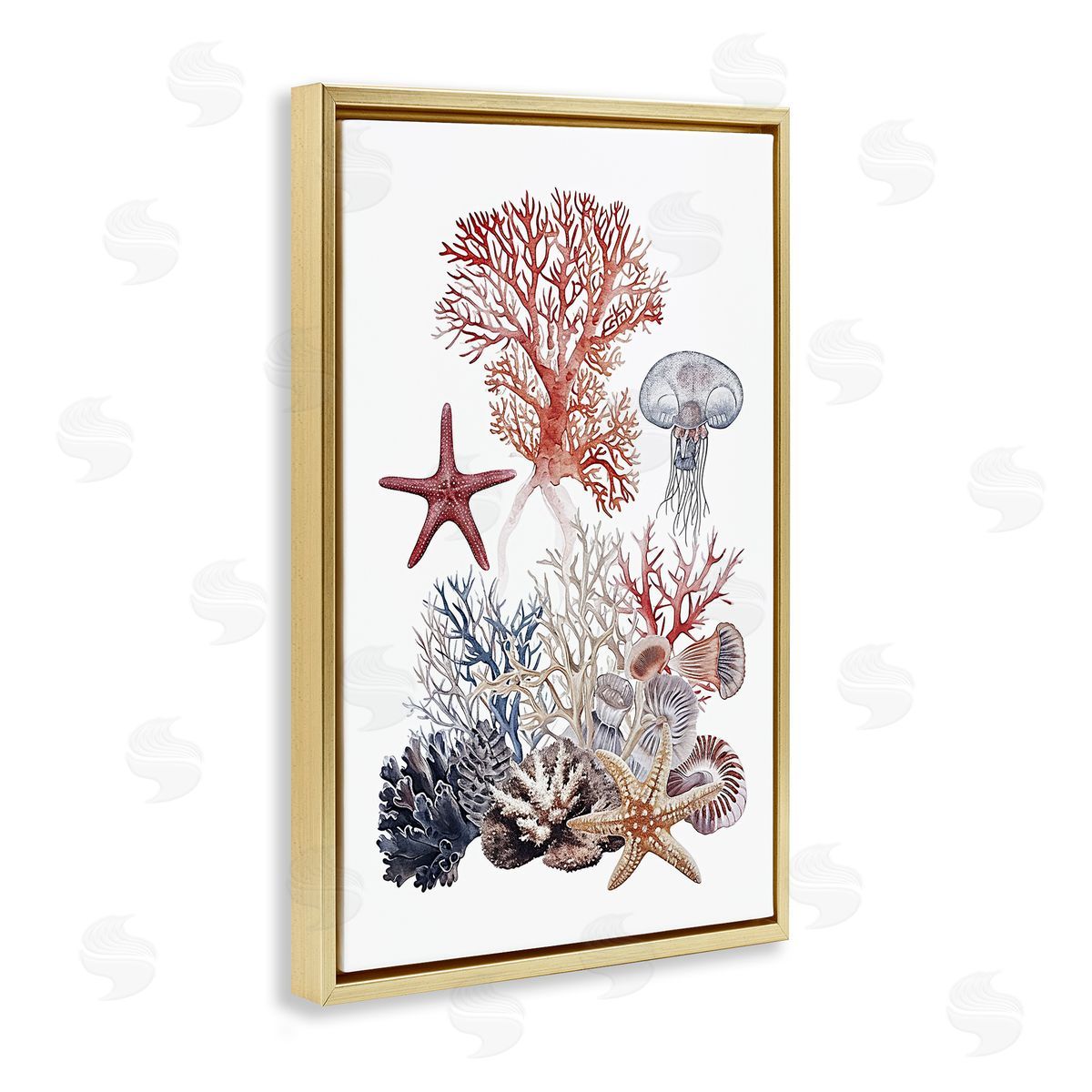 Aquatic Animals & Coral Gold Floating Frame Canvas Wall Art, Home Decor by Ramona Murdock