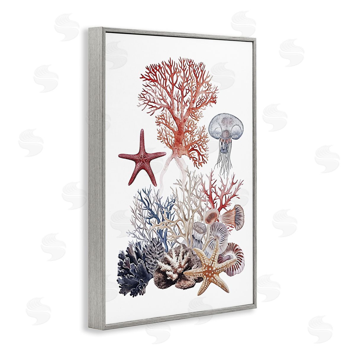 Aquatic Animals & Coral Grey Frame Print Wall Art, Home Decor by Ramona Murdock