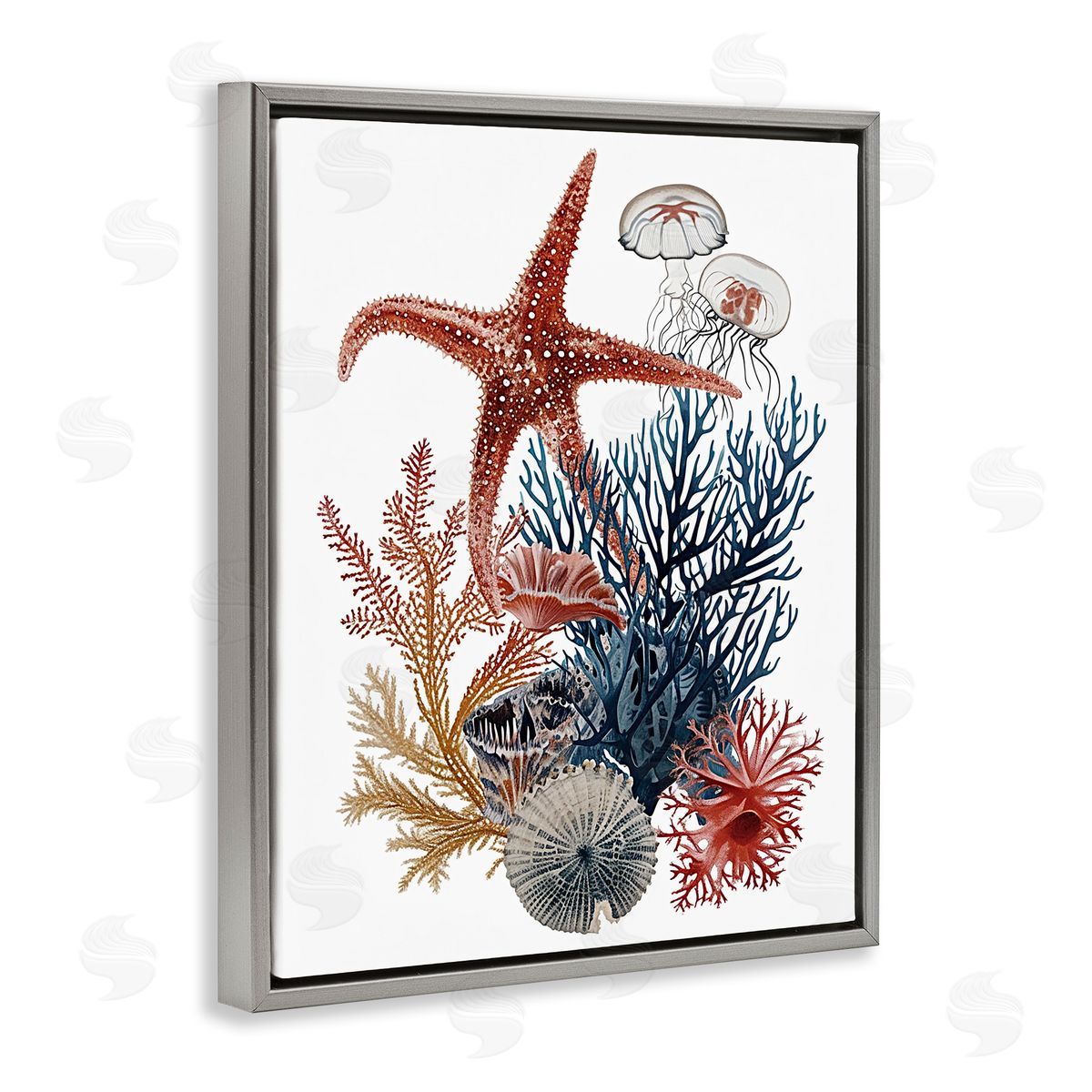 Natural Aquatic Sea Creatures Grey Floating Frame Canvas Wall Art, Home Decor by Ramona Murdock