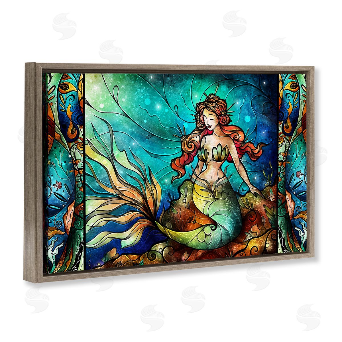 Elegant Seated Mermaid Brown Floating Frame Canvas Wall Art, Home Decor by Mandie Manzano