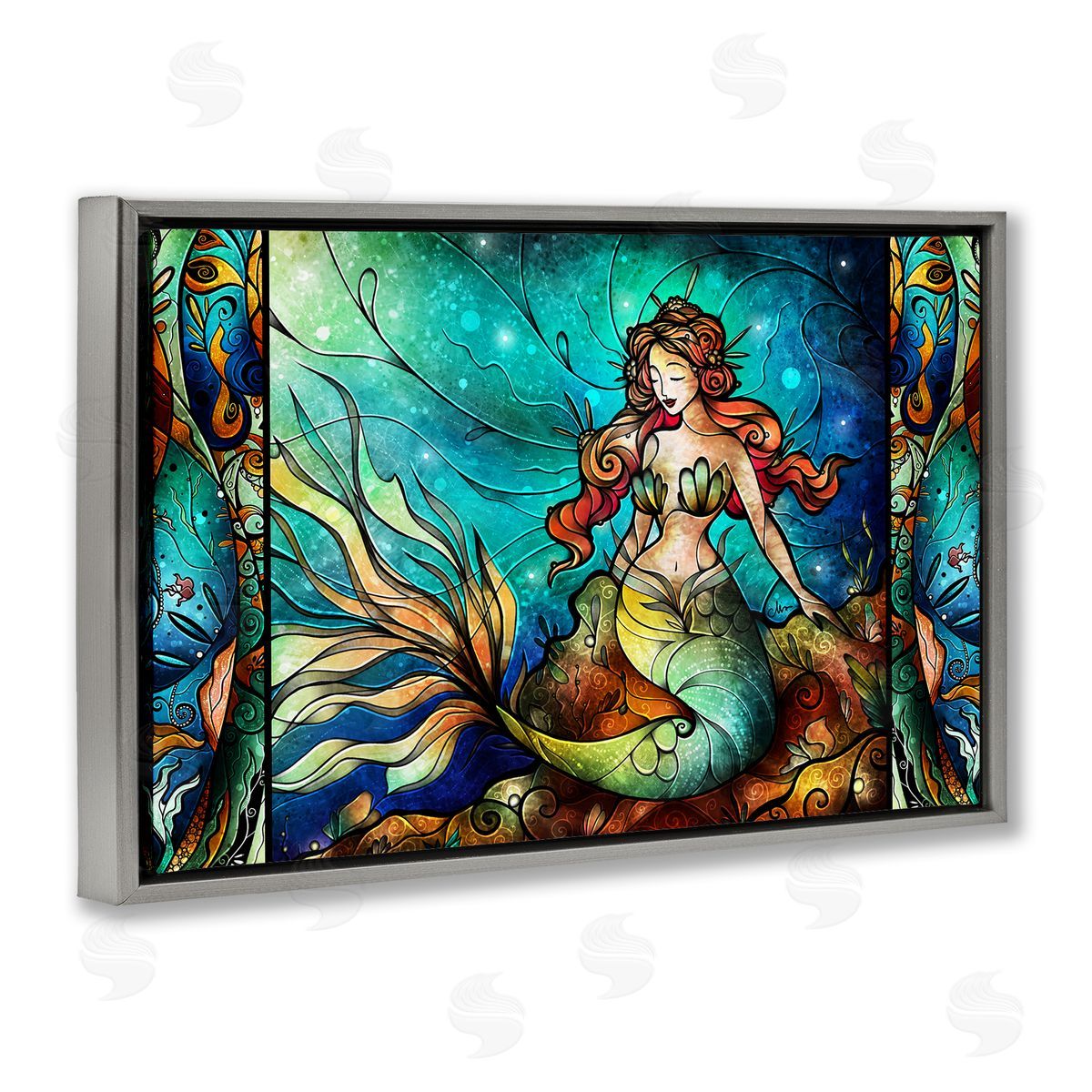 Elegant Seated Mermaid Grey Floating Frame Canvas Wall Art, Home Decor by Mandie Manzano