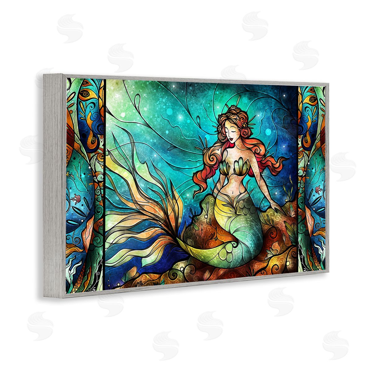 Elegant Seated Mermaid Grey Frame Print Wall Art, Home Decor by Mandie Manzano