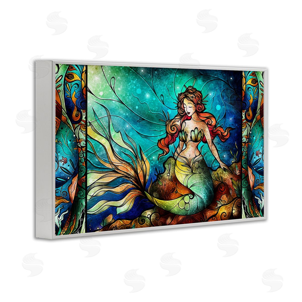 Elegant Seated Mermaid White Frame Print Wall Art, Home Decor by Mandie Manzano