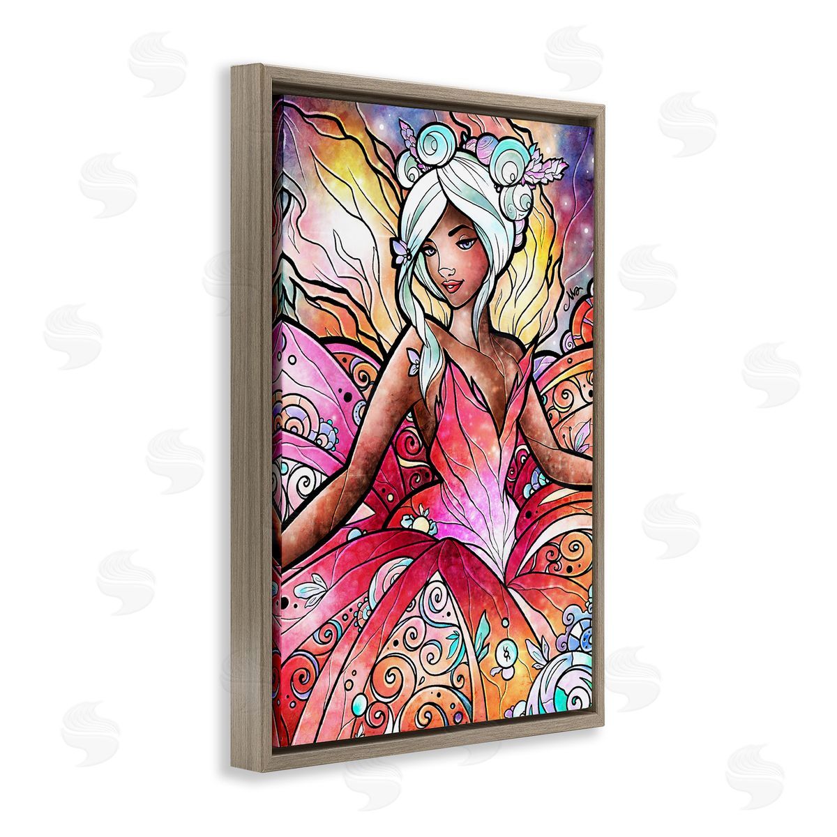 Pastel Nouveau Fairy Brown Floating Frame Canvas Wall Art, Home Decor by Mandie Manzano