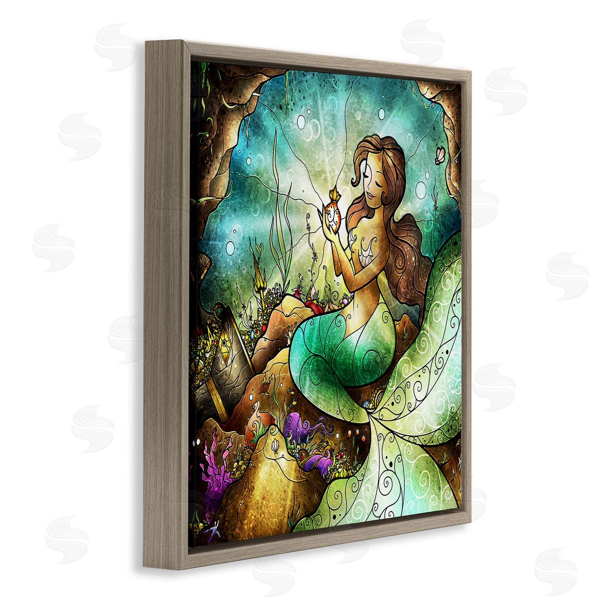 Detailed Nouveau Mermaid Brown Floating Frame Canvas Wall Art, Home Decor by Mandie Manzano