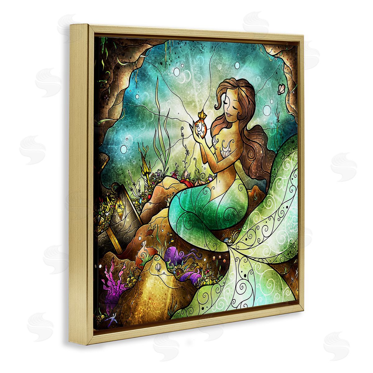 Detailed Nouveau Mermaid Gold Floating Frame Canvas Wall Art, Home Decor by Mandie Manzano