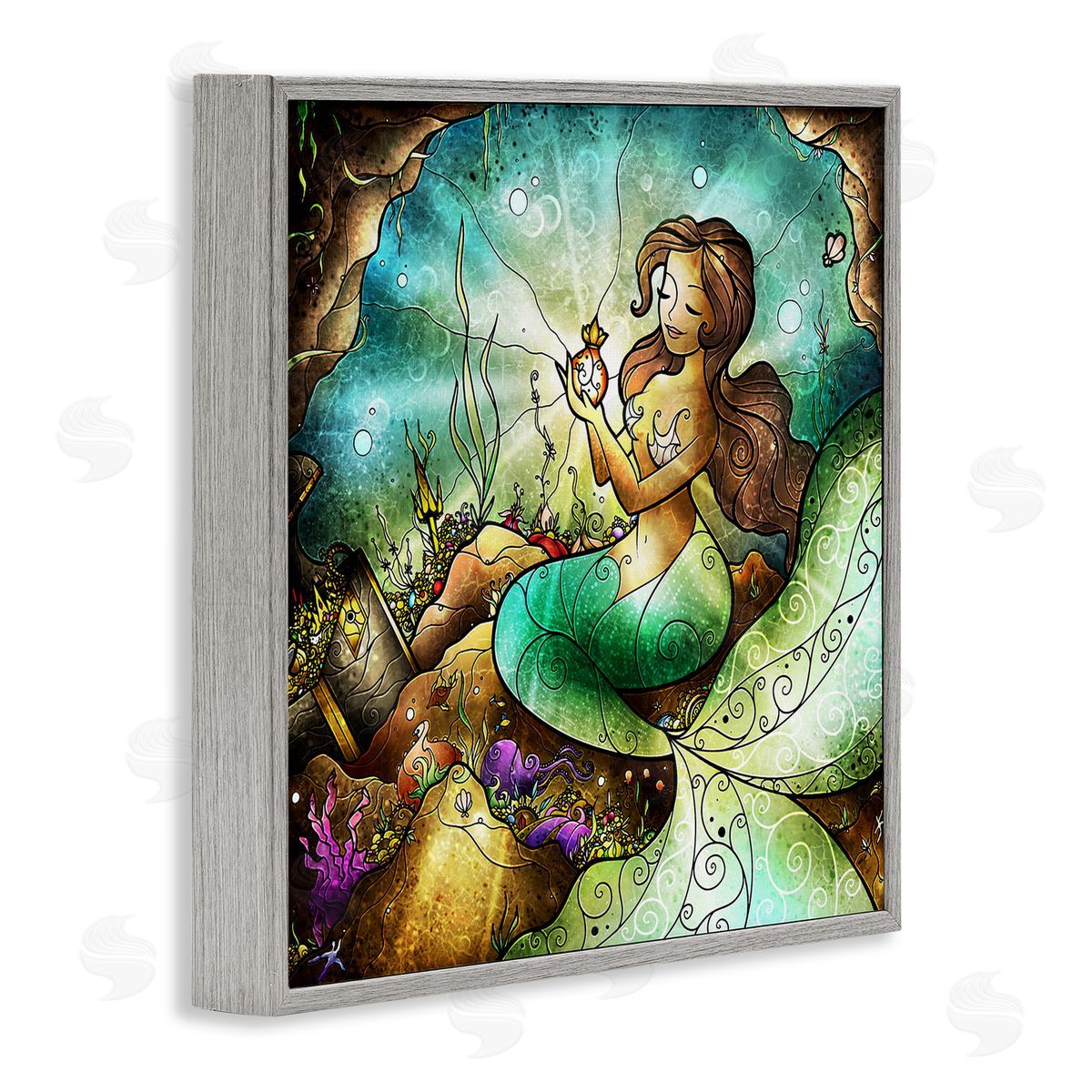 Detailed Nouveau Mermaid Grey Frame Print Wall Art, Home Decor by Mandie Manzano