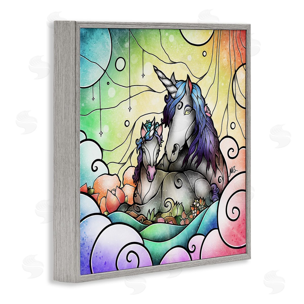 Deco Style Unicorns Grey Frame Print Wall Art, Home Decor by Mandie Manzano