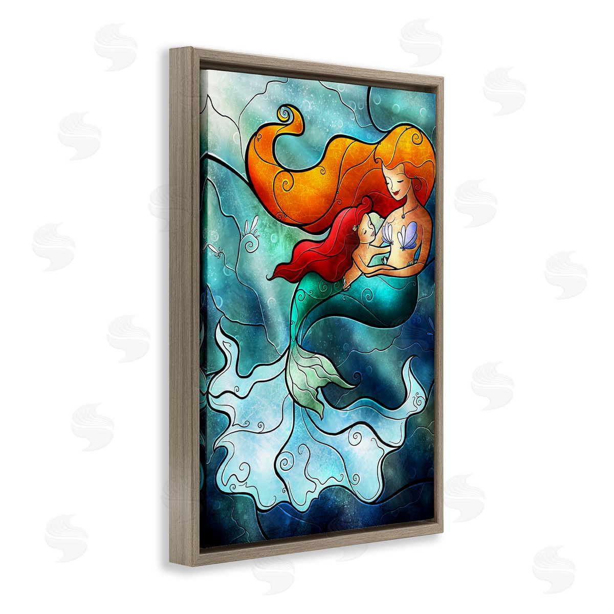 Mermaid & Child Stained Glass Style Brown Floating Frame Canvas Wall Art, Home Decor by Mandie Manzano