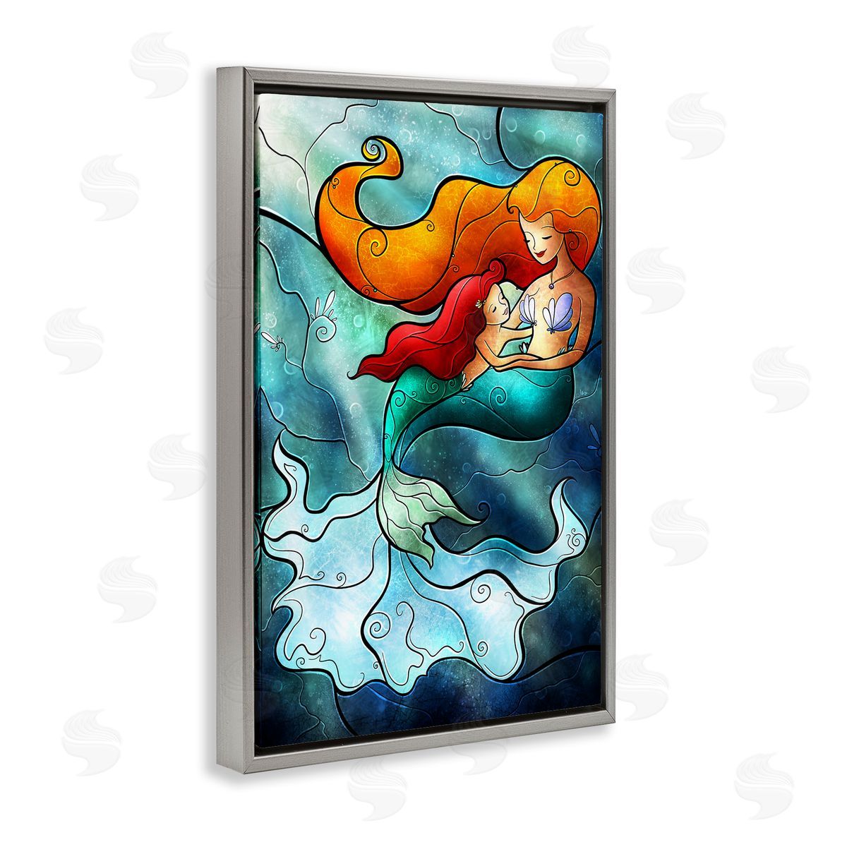 Mermaid & Child Stained Glass Style Grey Floating Frame Canvas Wall Art, Home Decor by Mandie Manzano