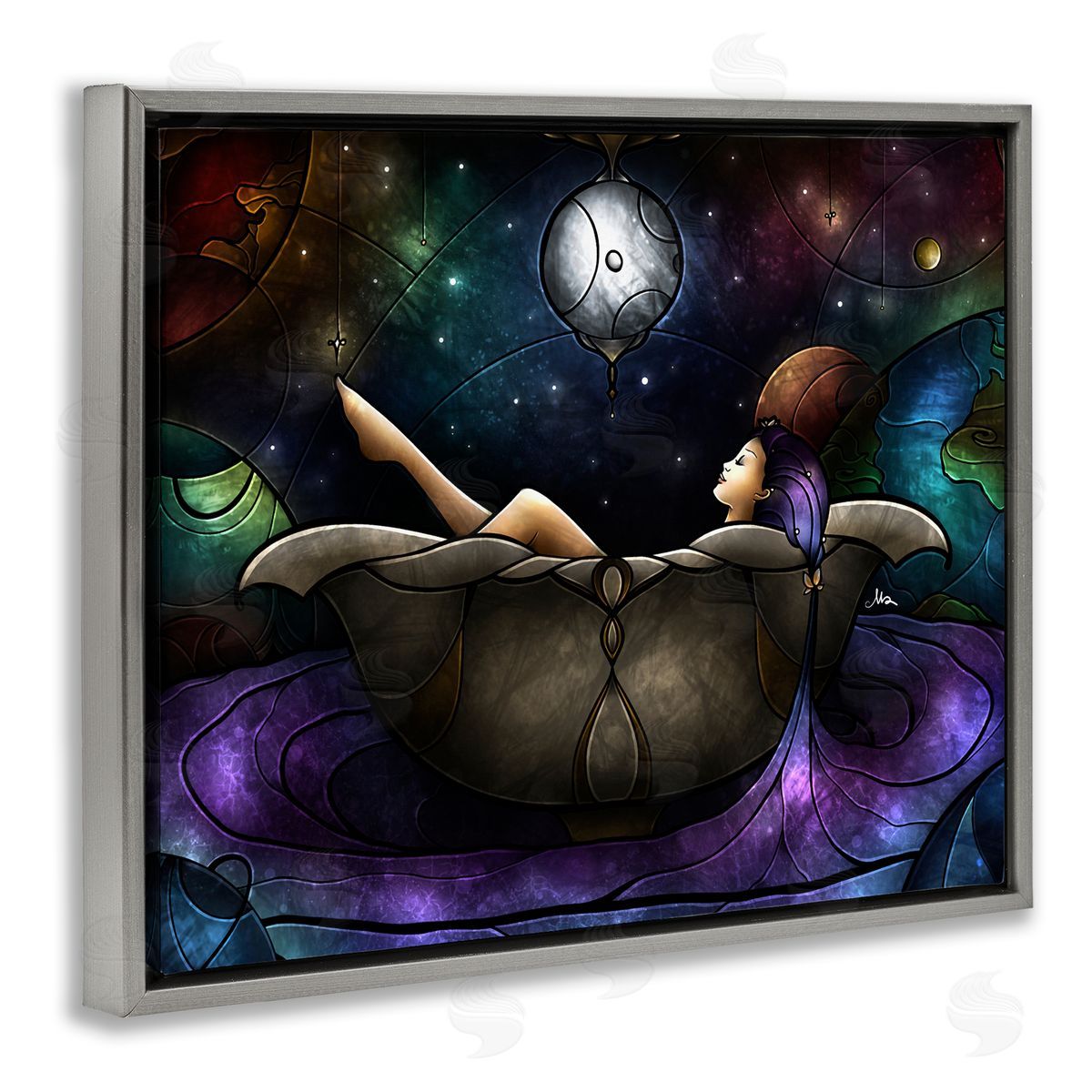 Bathing Under Moonlight Grey Floating Frame Canvas Wall Art, Home Decor by Mandie Manzano