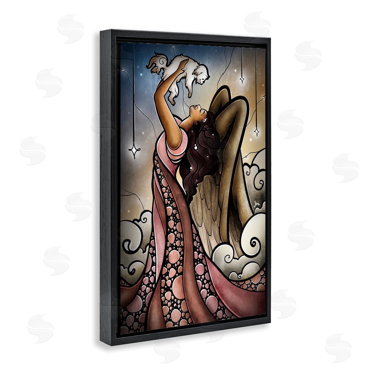Angel with New Puppy Black Floating Frame Canvas Wall Art, Home Decor by Mandie Manzano