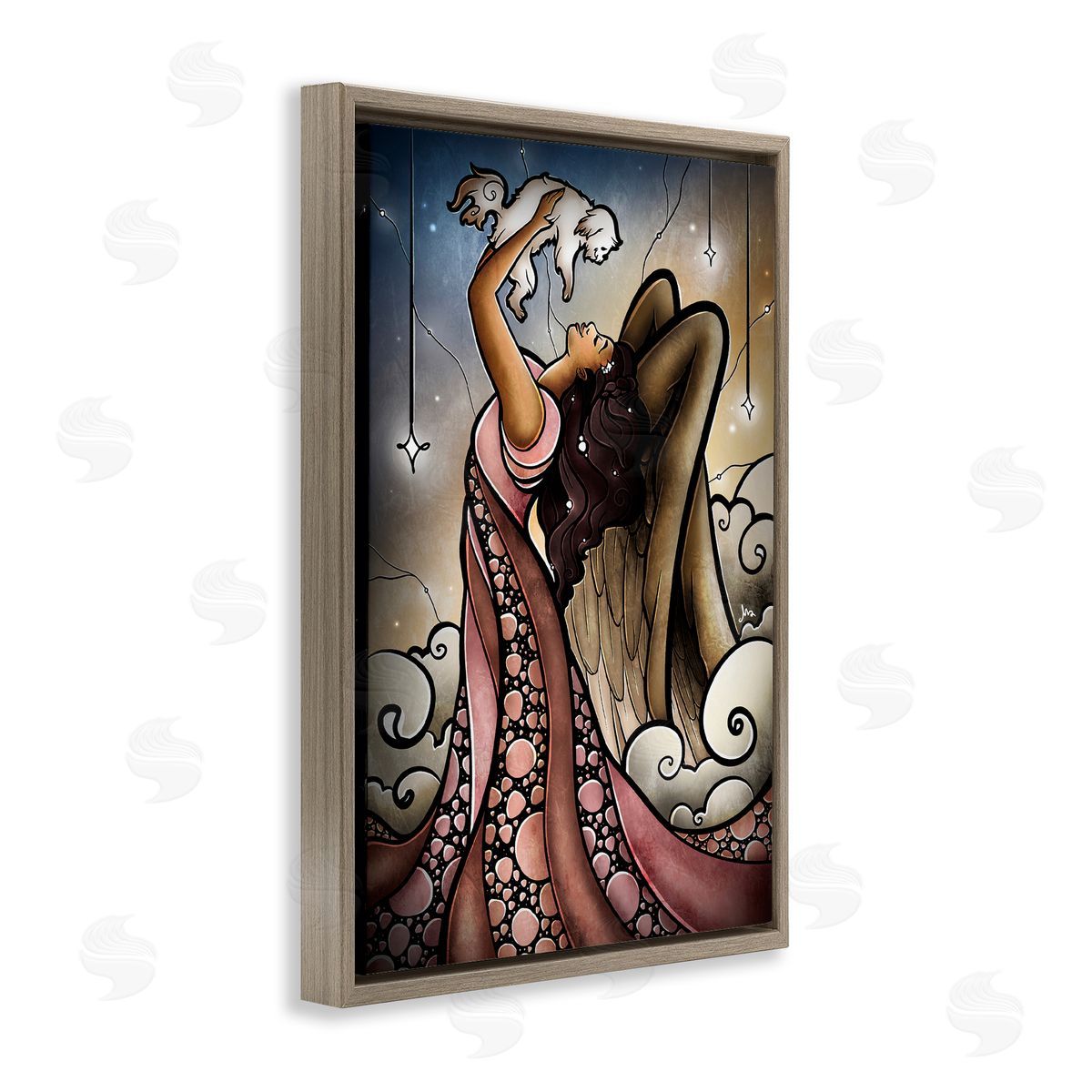 Angel with New Puppy Brown Floating Frame Canvas Wall Art, Home Decor by Mandie Manzano