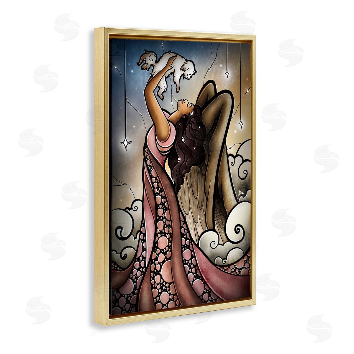Angel with New Puppy Gold Floating Frame Canvas Wall Art, Home Decor by Mandie Manzano